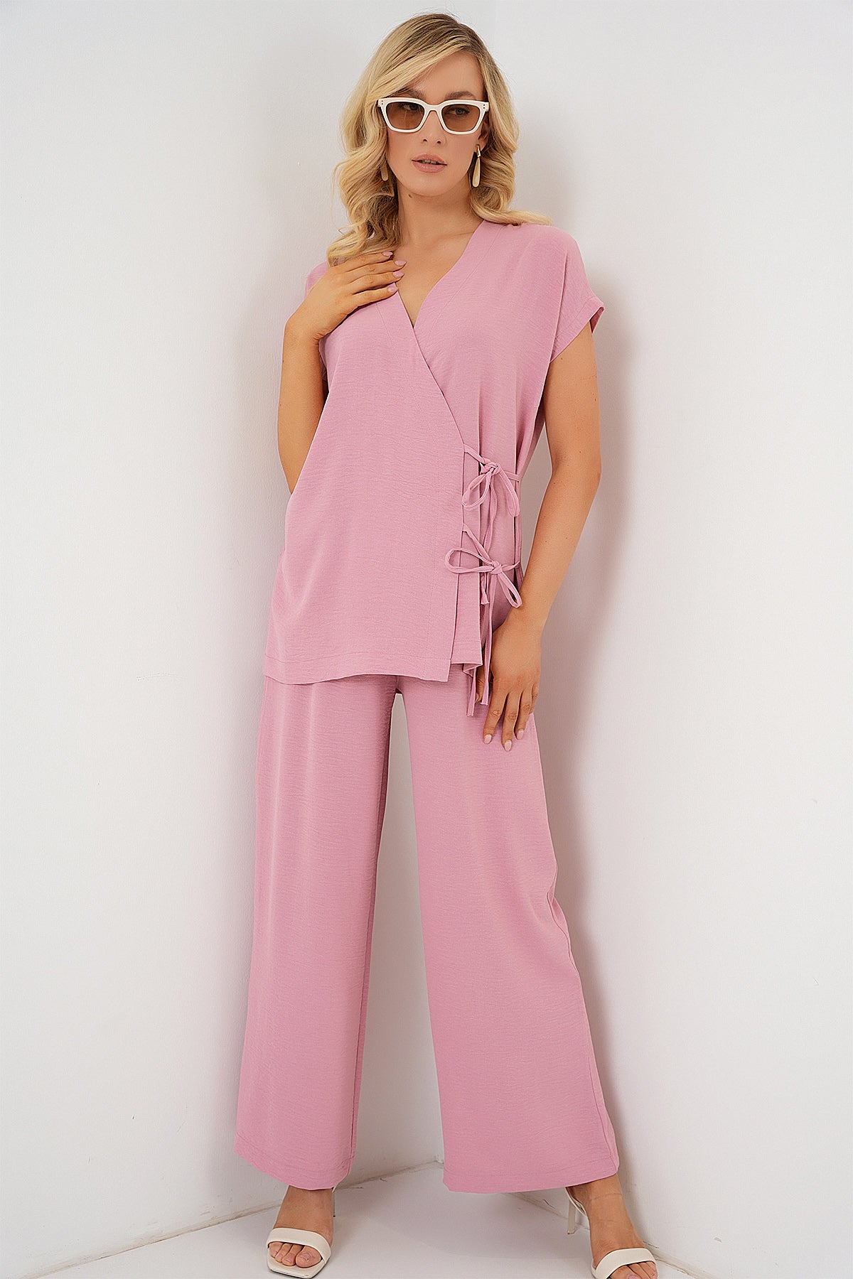 Kadın Kısa Kol Bağcıklı Ayrobin İkili Takım 6741 - Pudra