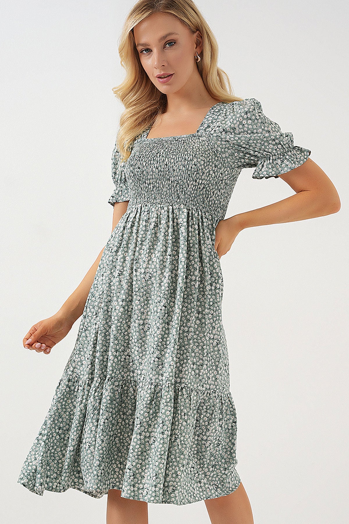 Kadın Kısa Kol Çiçekli Elbise 2556 - Mint