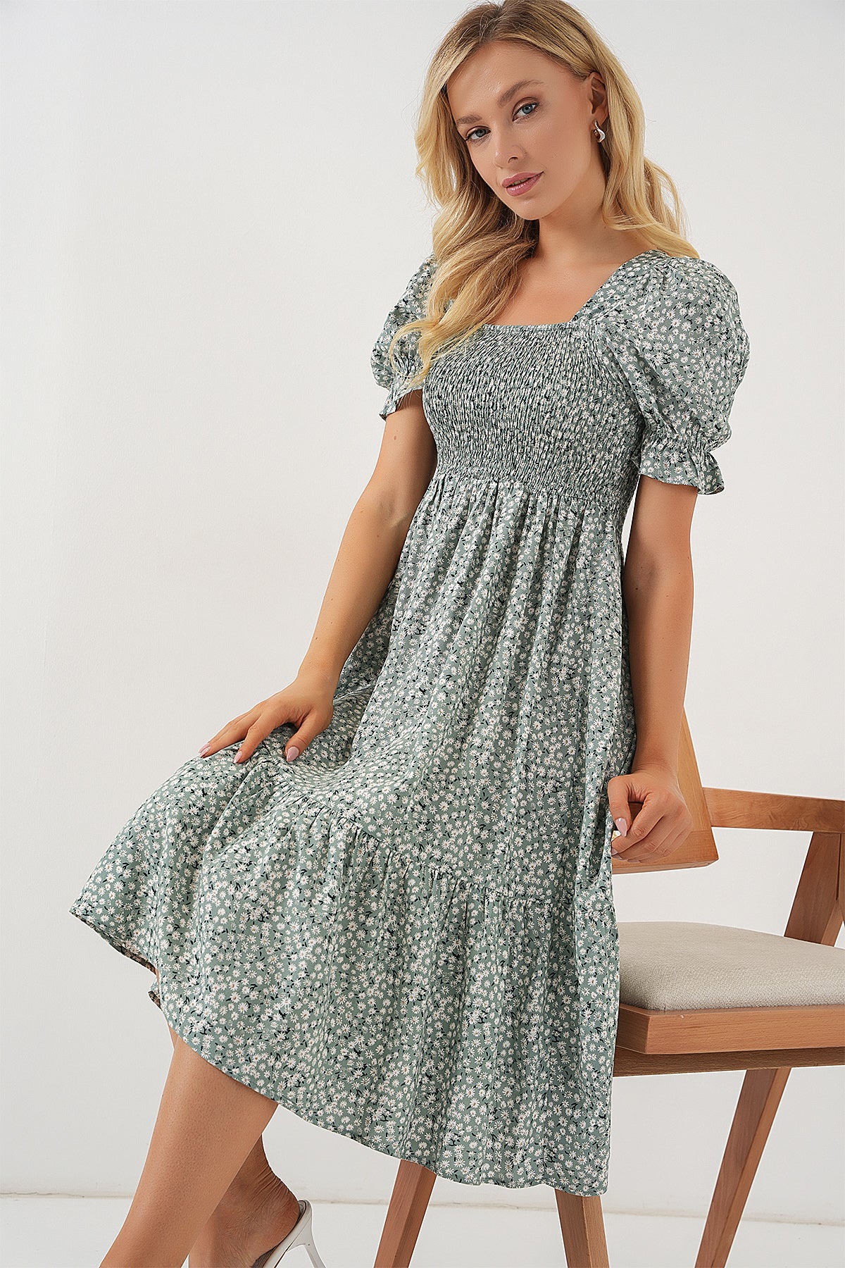 Kadın Kısa Kol Çiçekli Elbise 2556 - Mint