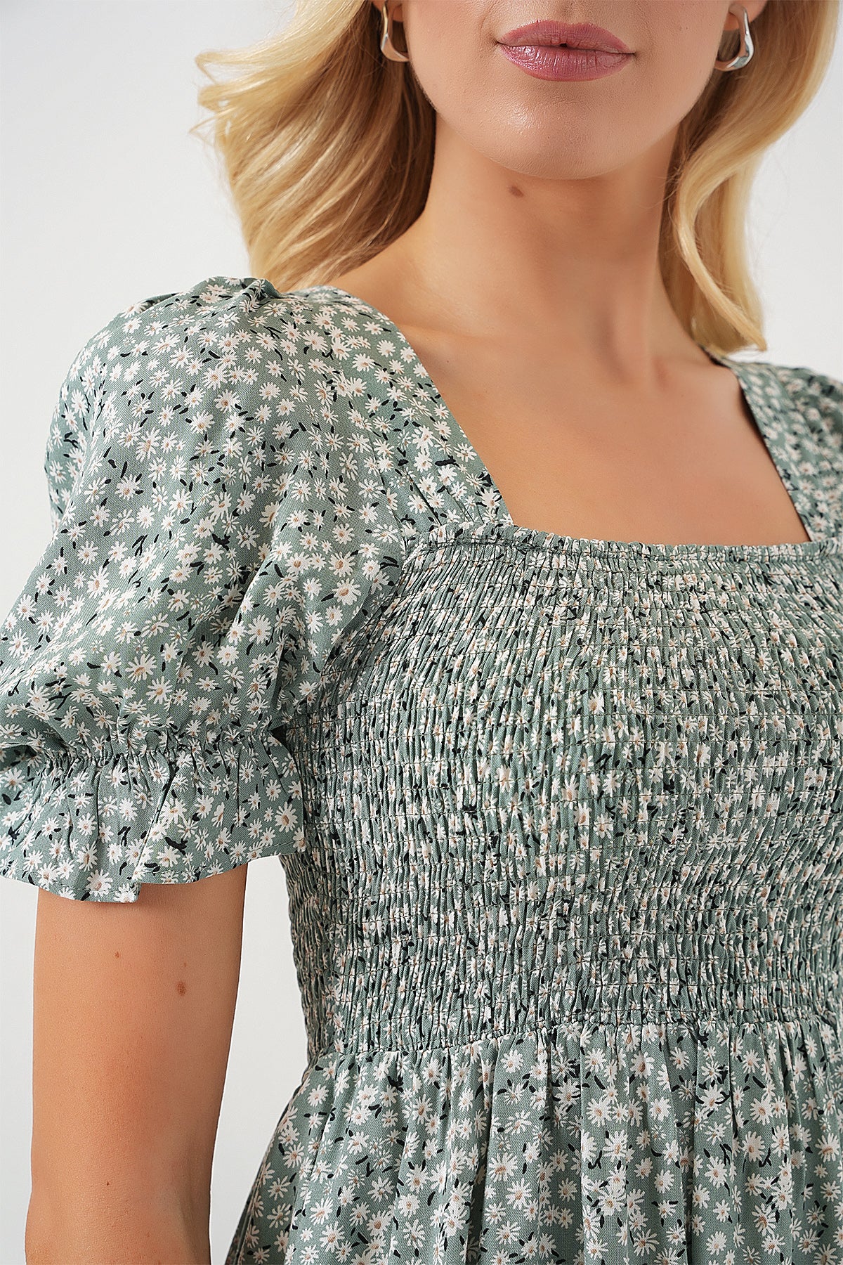 Kadın Kısa Kol Çiçekli Elbise 2556 - Mint