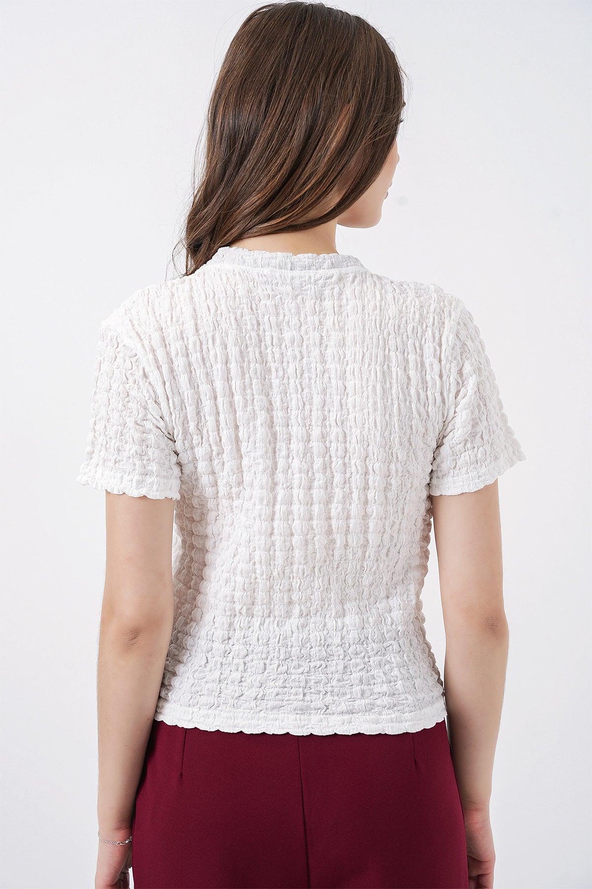 Kadın Kısa Kol Fularlı Örme Bluz 981 - Beyaz