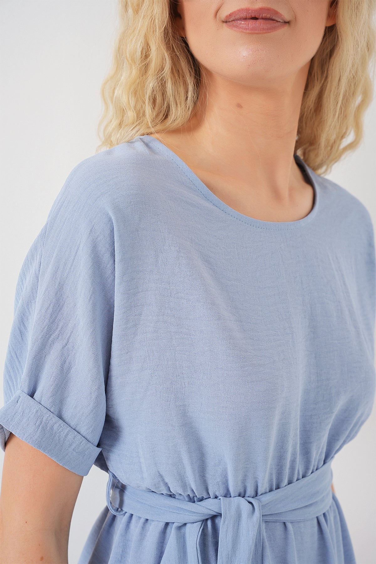 Kadın Kısa Kol Mini Ayrobin Elbise 2572 - Mavi