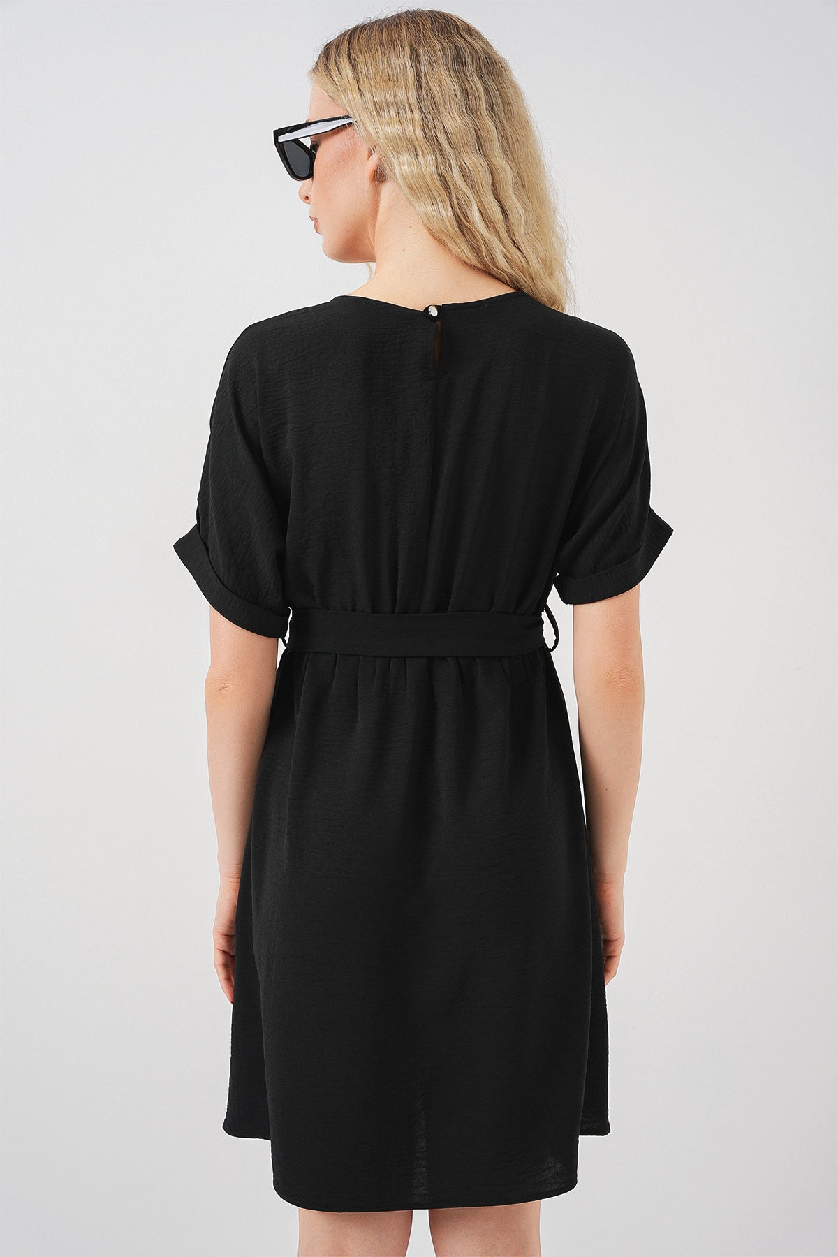 Kadın Kısa Kol Mini Ayrobin Elbise 2572 - Siyah