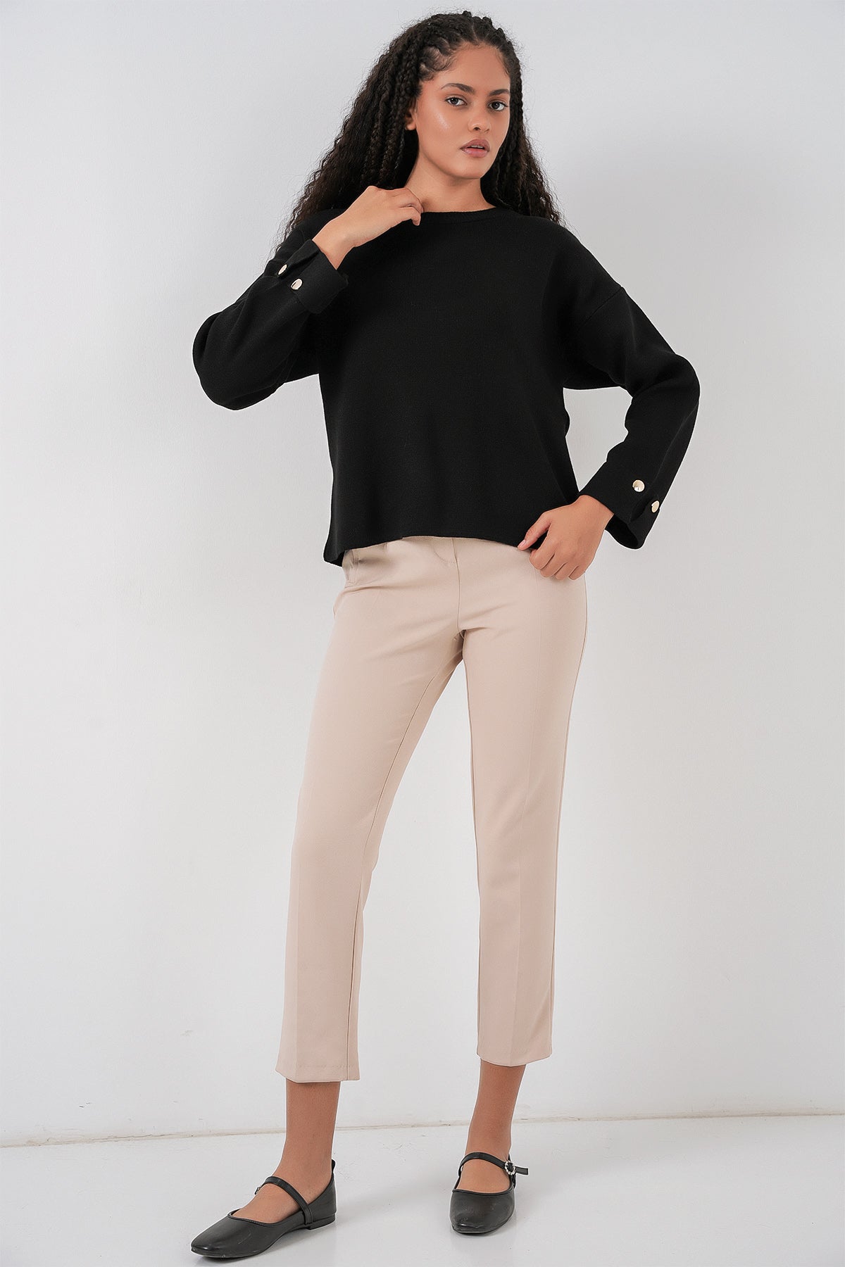 Kadın Kol Düğmeli Oversize Triko Kazak 15981 - Siyah