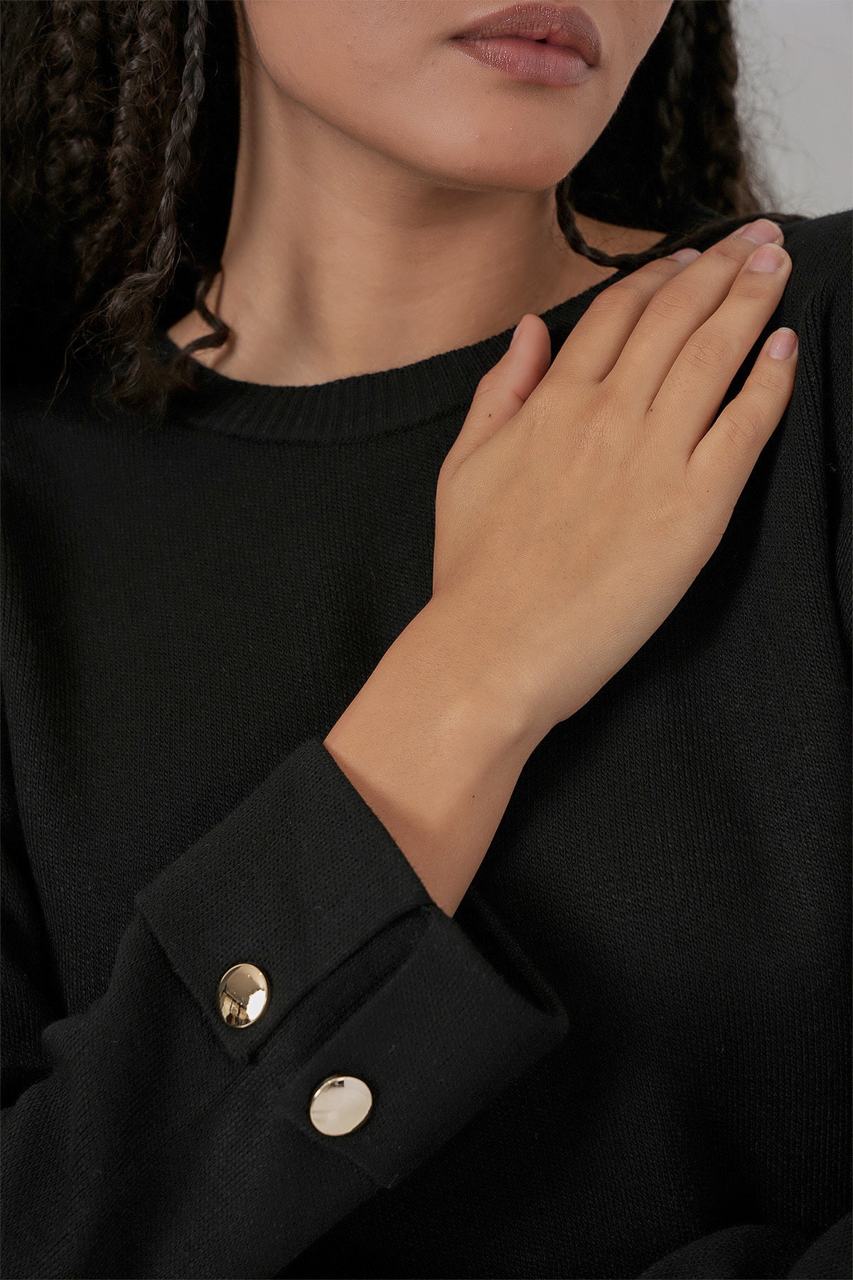 Kadın Kol Düğmeli Oversize Triko Kazak 15981 - Siyah