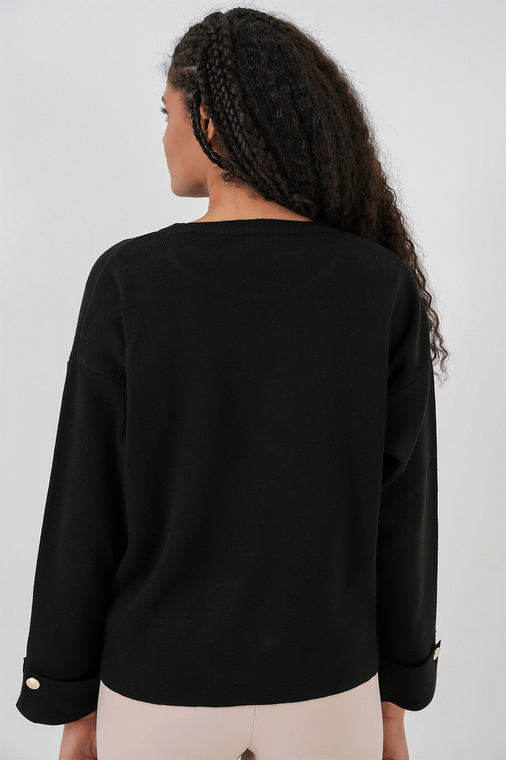 Kadın Kol Düğmeli Oversize Triko Kazak 15981 - Siyah