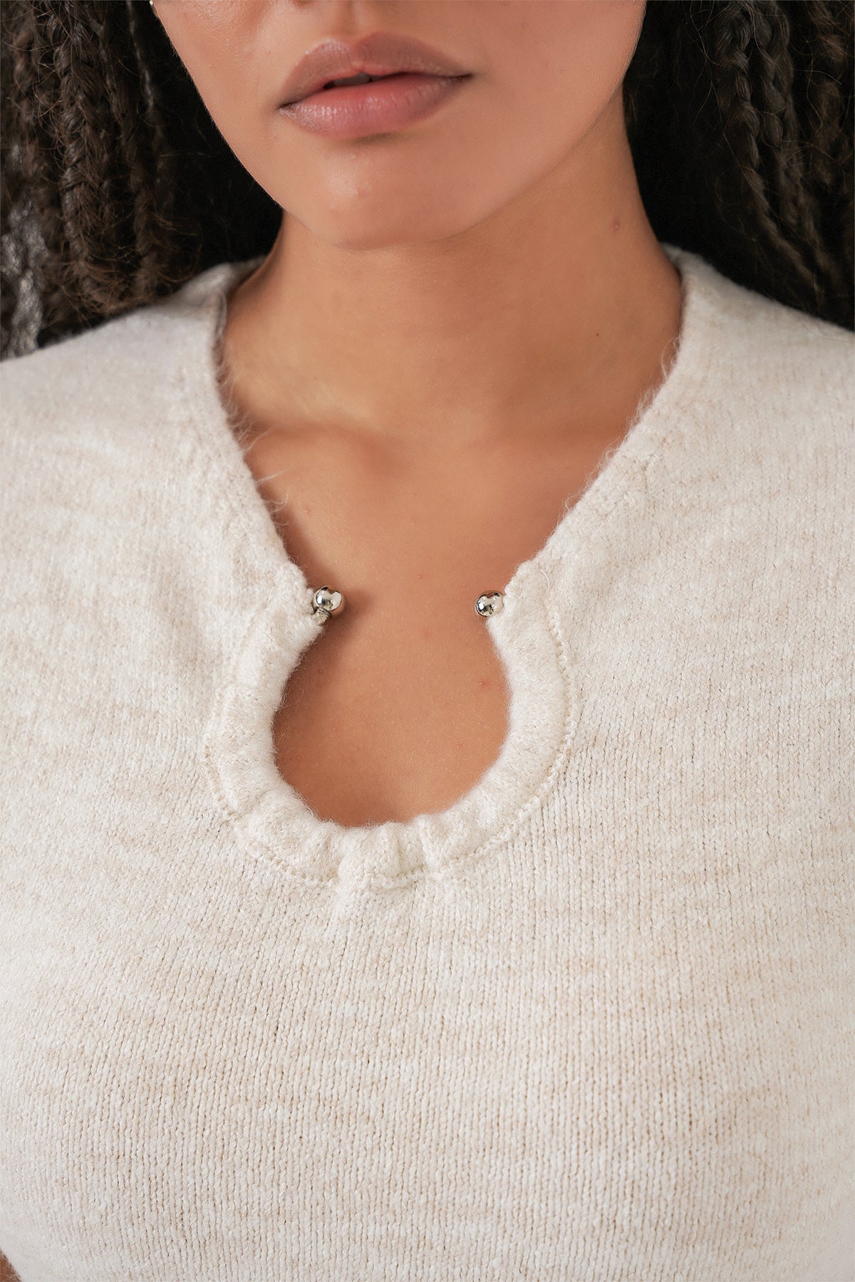 Kadın Kolye Detaylı Triko Elbise 15989 - Ekru