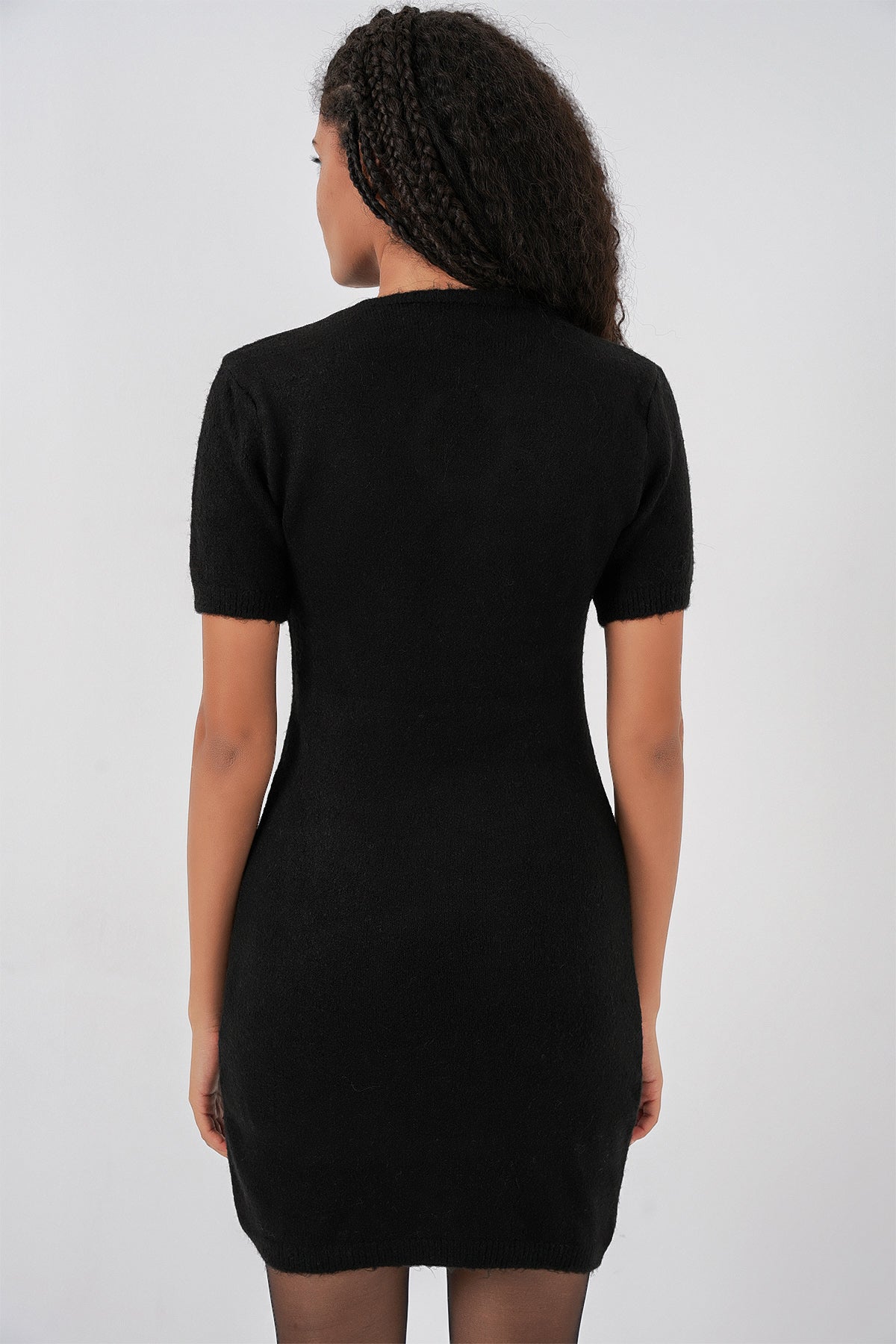Kadın Kolye Detaylı Triko Elbise 15989 - Siyah