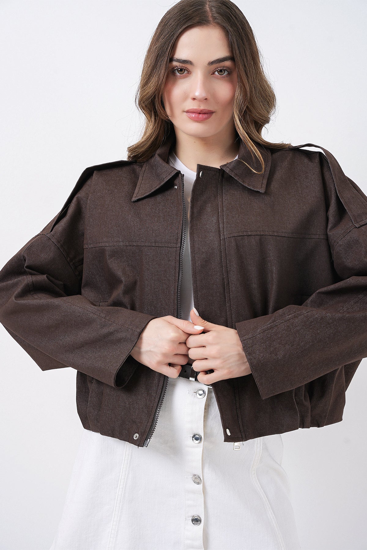 Kadın Kot Bomber Ceket 0737 - Kahverengi