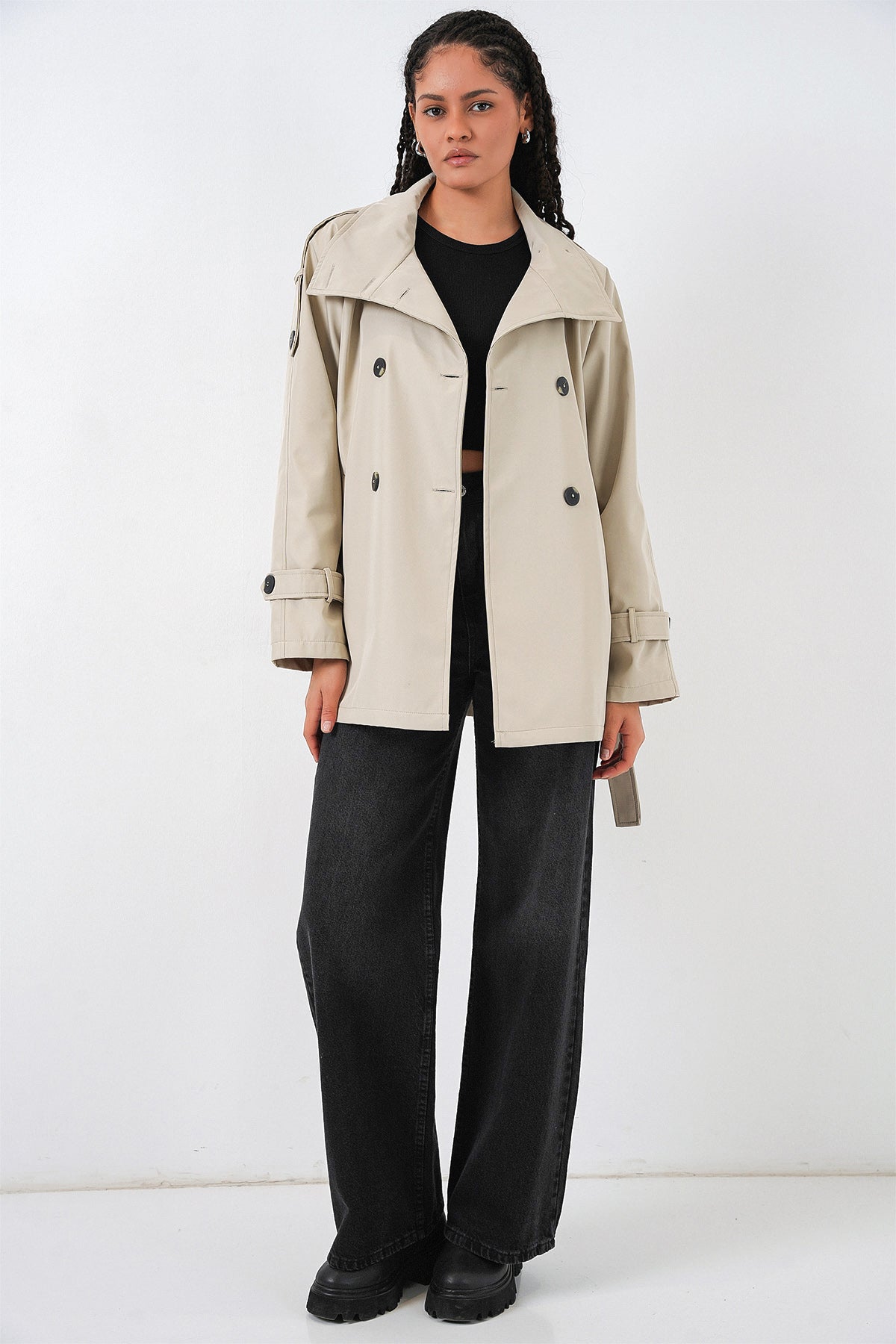 Kadın Kruvaze Yaka Kısa Trençkot 5980 - Bej