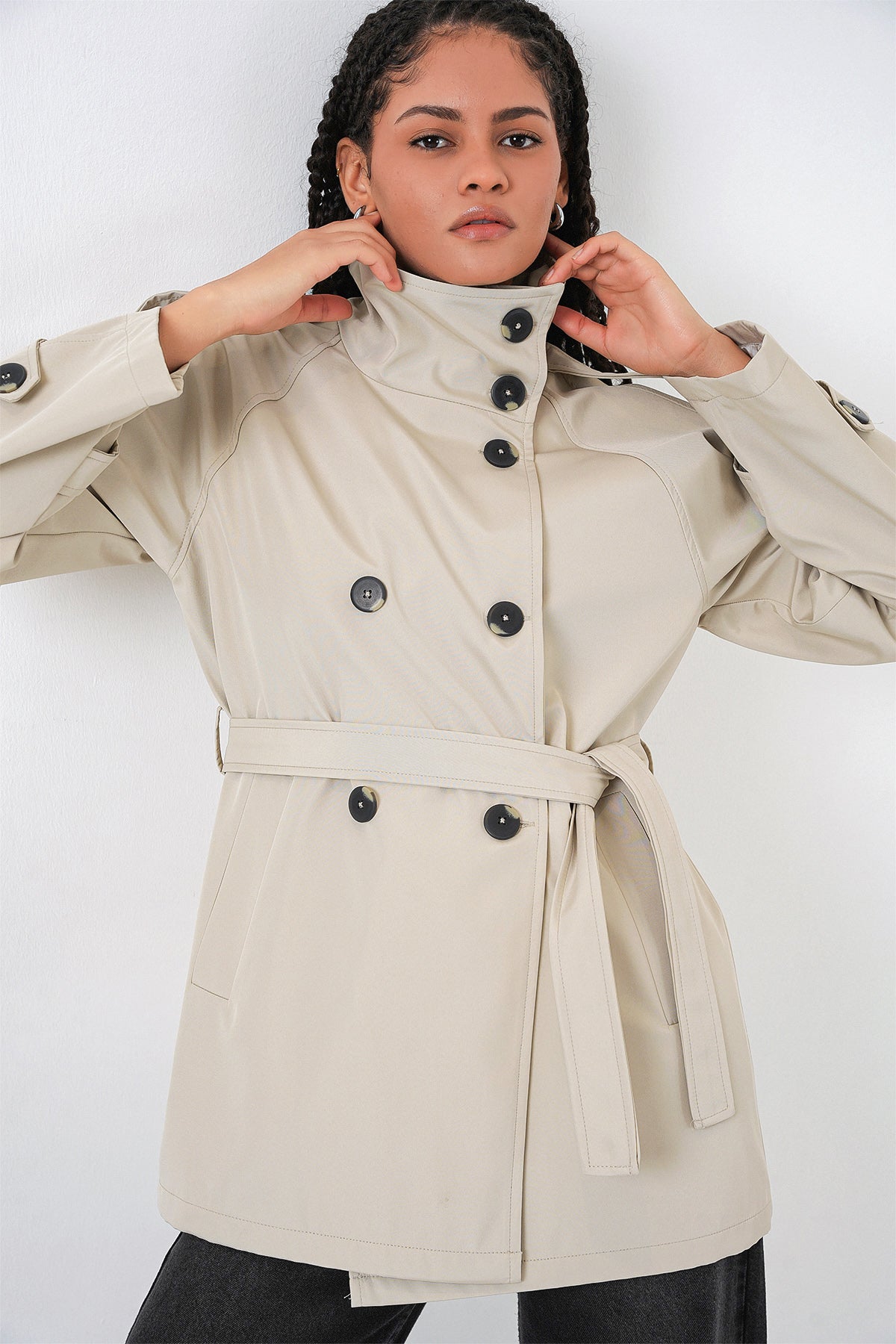 Kadın Kruvaze Yaka Kısa Trençkot 5980 - Bej