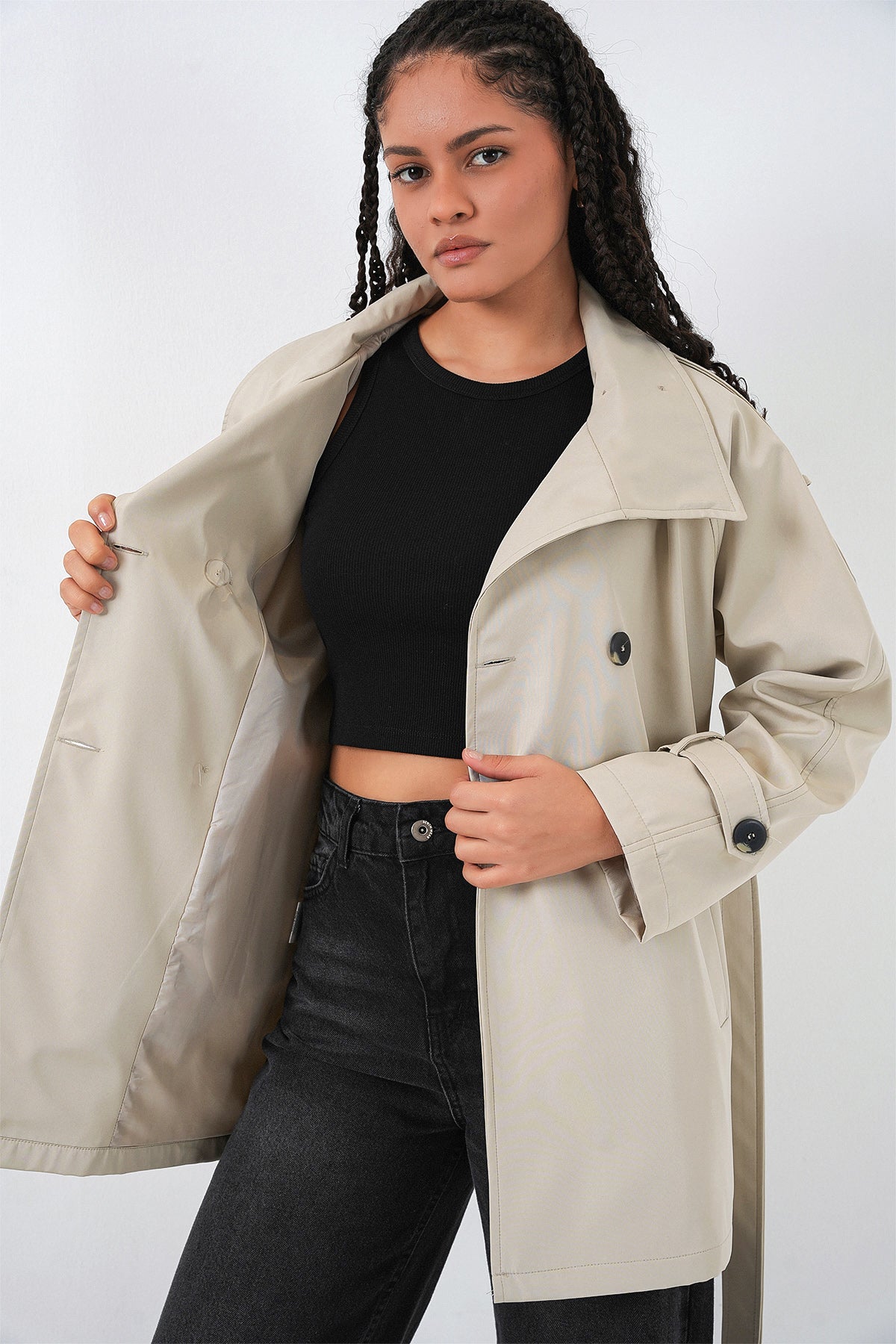 Kadın Kruvaze Yaka Kısa Trençkot 5980 - Bej