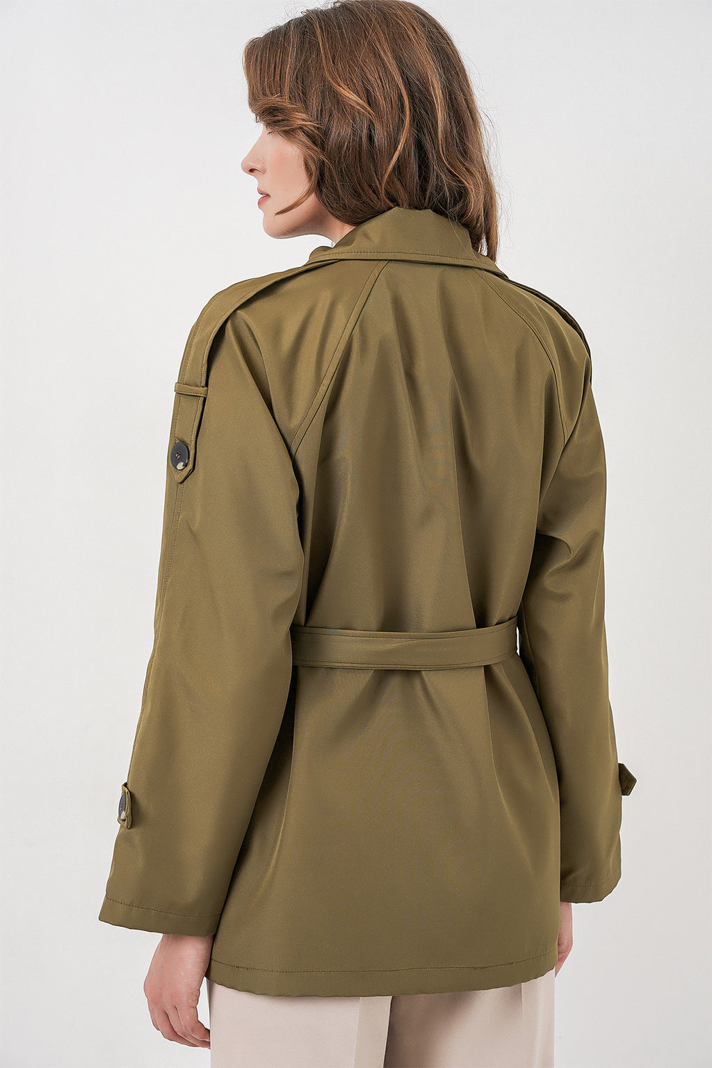 Kadın Kruvaze Yaka Kısa Trençkot 5980 - Haki