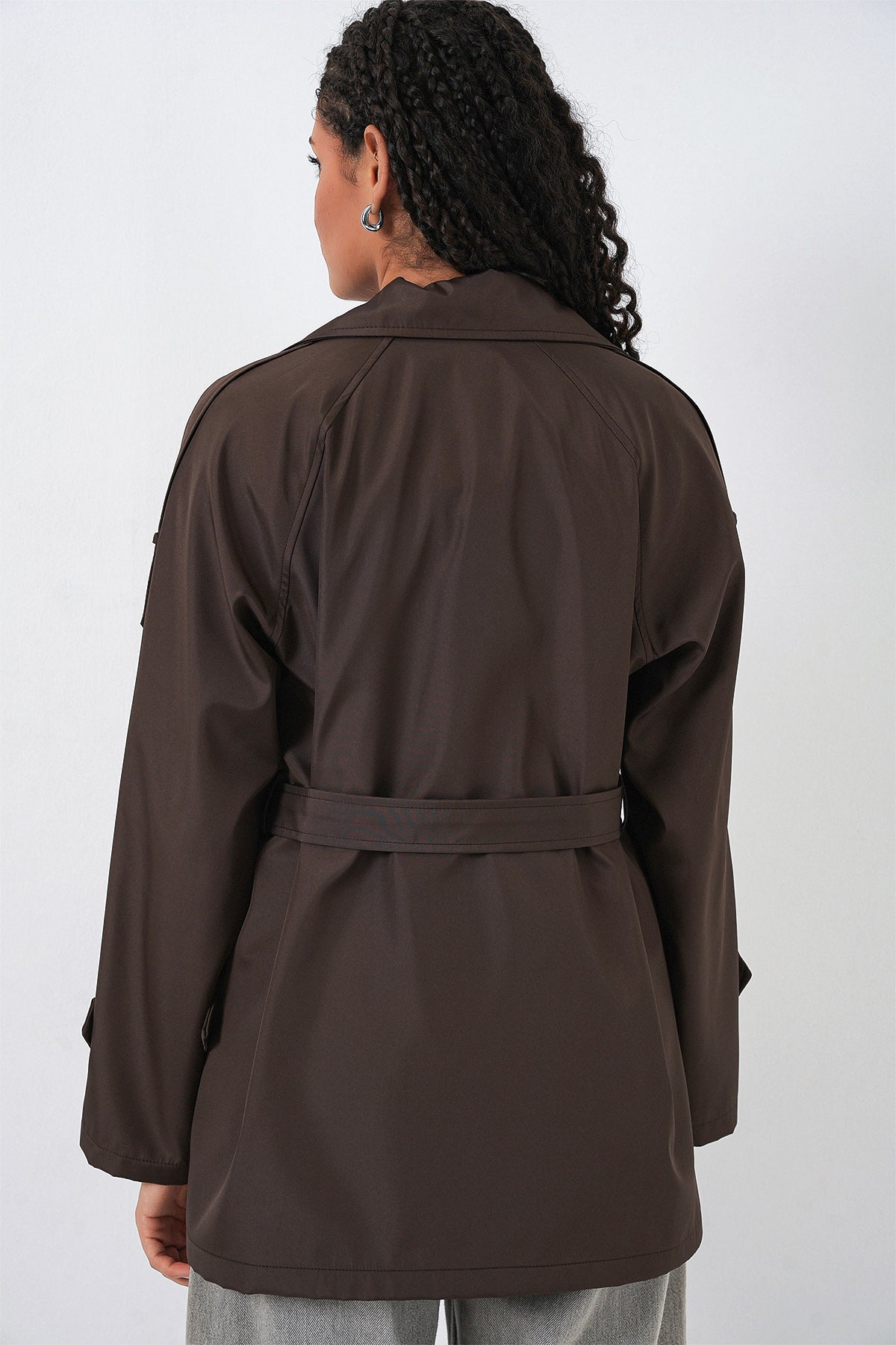 Kadın Kruvaze Yaka Kısa Trençkot 5980 - Kahverengi