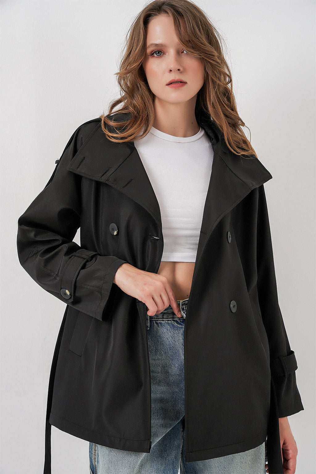 Kadın Kruvaze Yaka Kısa Trençkot 5980 - Siyah