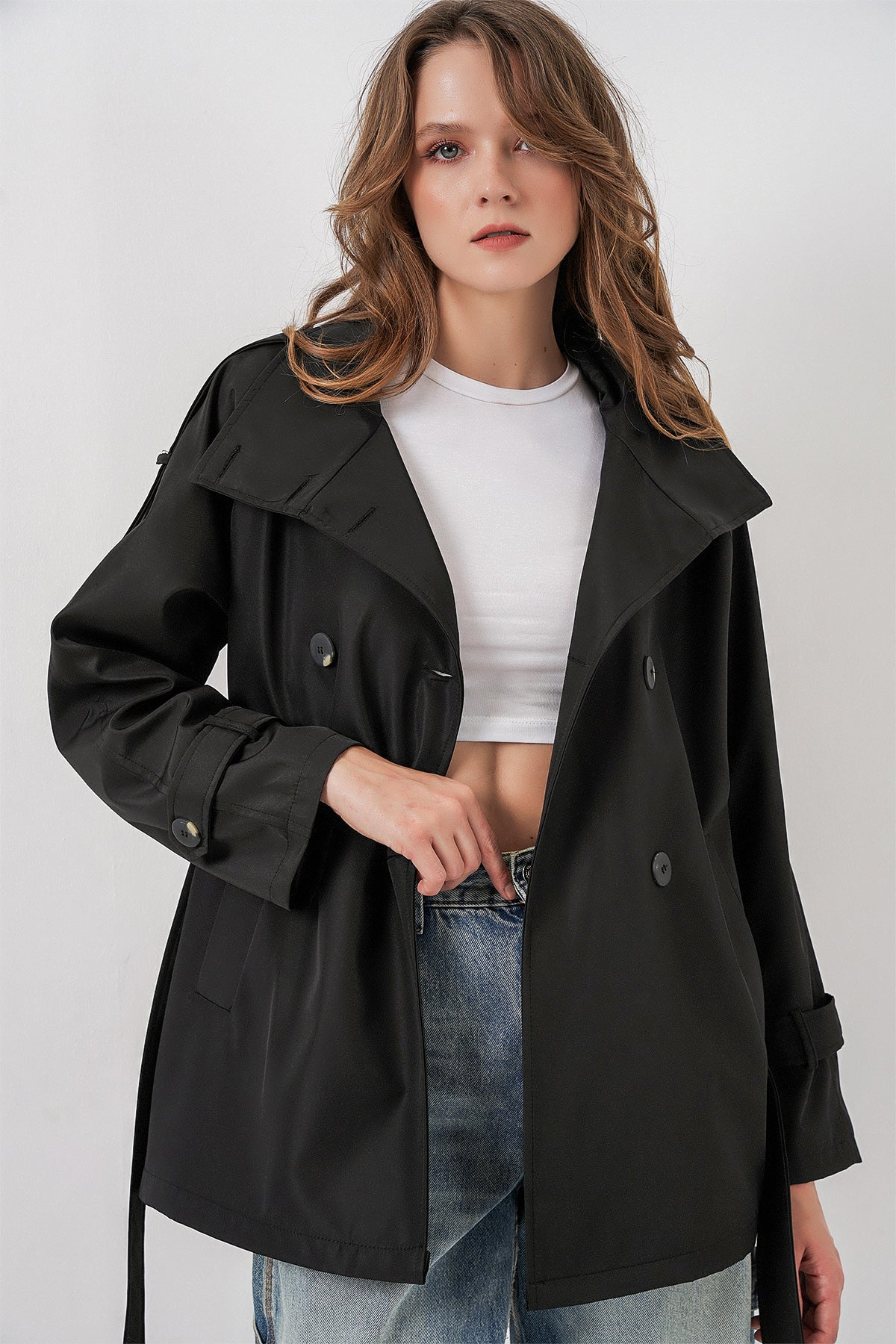 Kadın Kruvaze Yaka Kısa Trençkot 5980 - Siyah