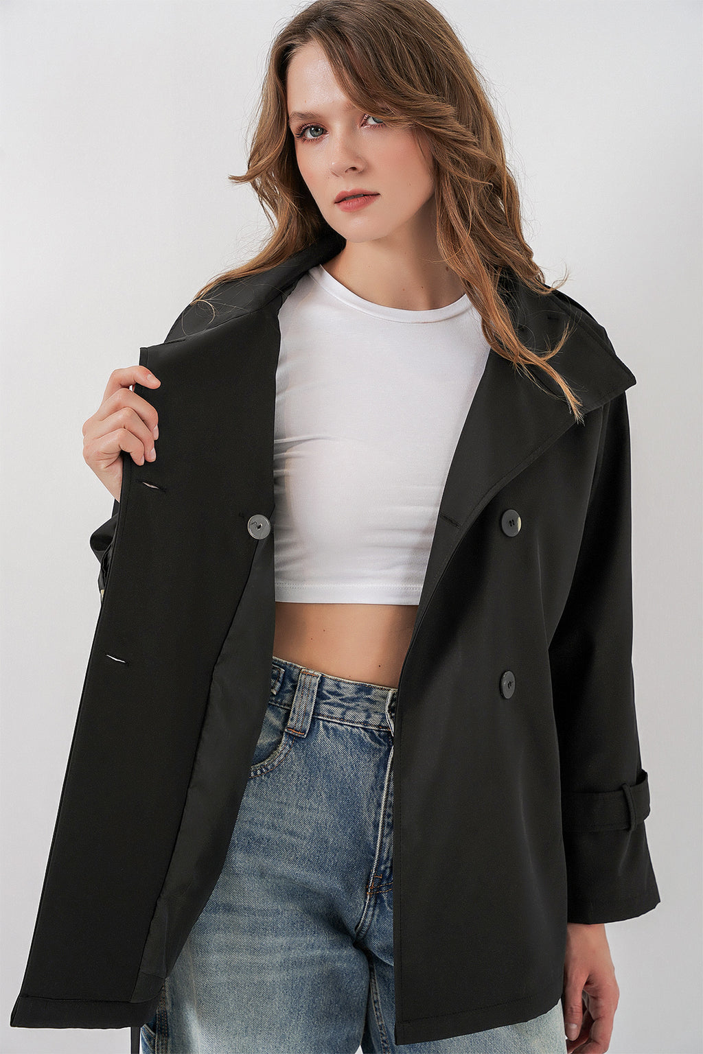 Kadın Kruvaze Yaka Kısa Trençkot 5980 - Siyah