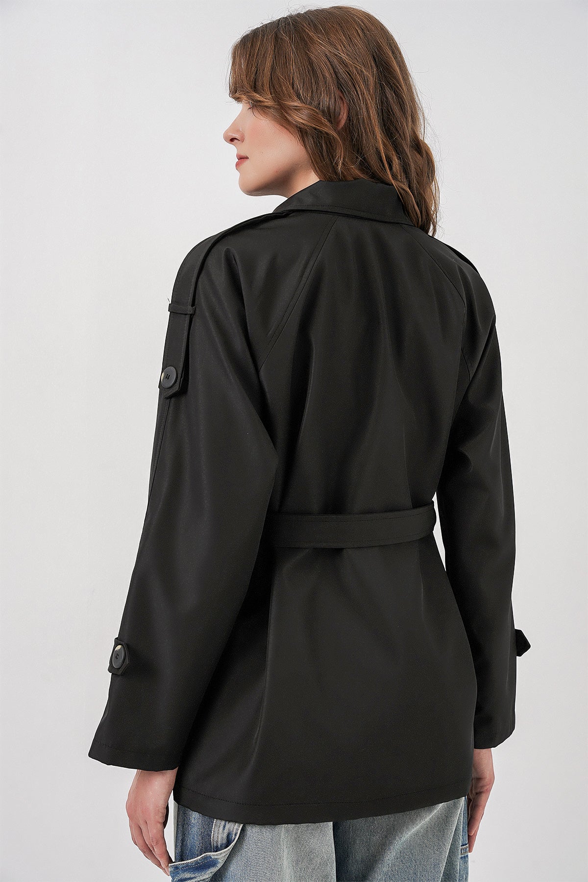 Kadın Kruvaze Yaka Kısa Trençkot 5980 - Siyah