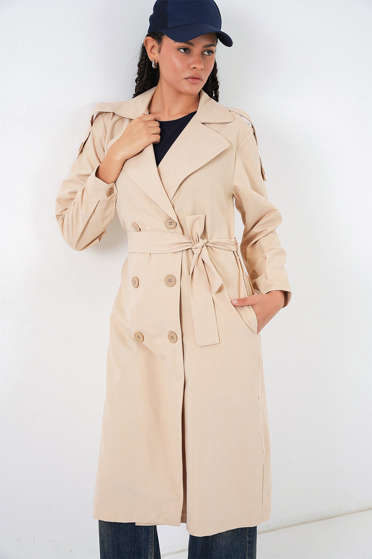 Kadın Kruvaze Yaka Trençkot 5978 - Bej