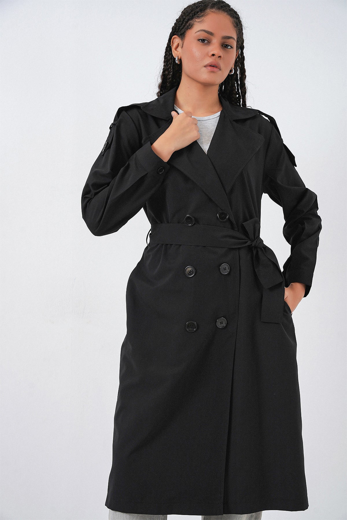 Kadın Kruvaze Yaka Trençkot 5978 - Siyah