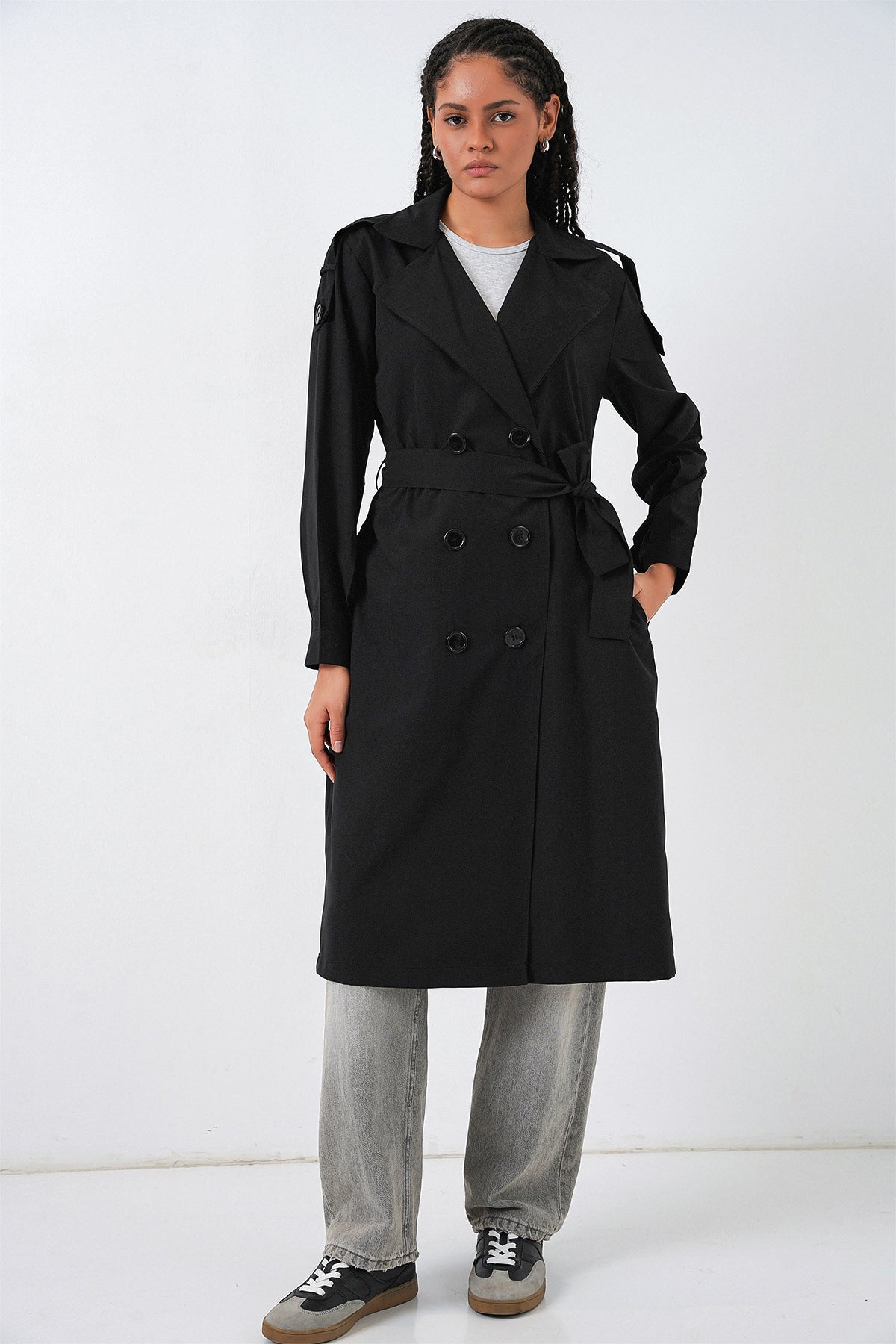 Kadın Kruvaze Yaka Trençkot 5978 - Siyah