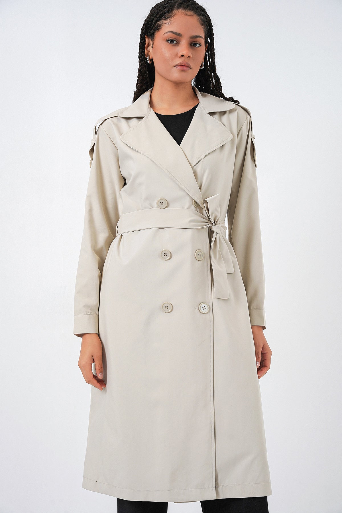 Kadın Kruvaze Yaka Trençkot 5978 - Taş