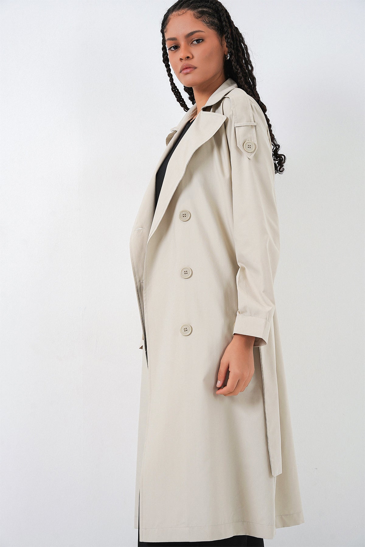 Kadın Kruvaze Yaka Trençkot 5978 - Taş