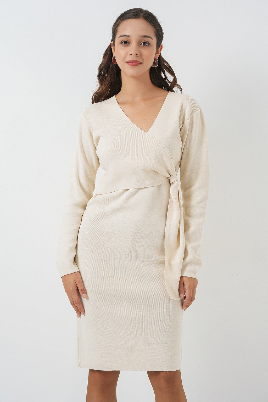 Kadın Kruvaze Yaka Triko Elbise 15928 - Ekru