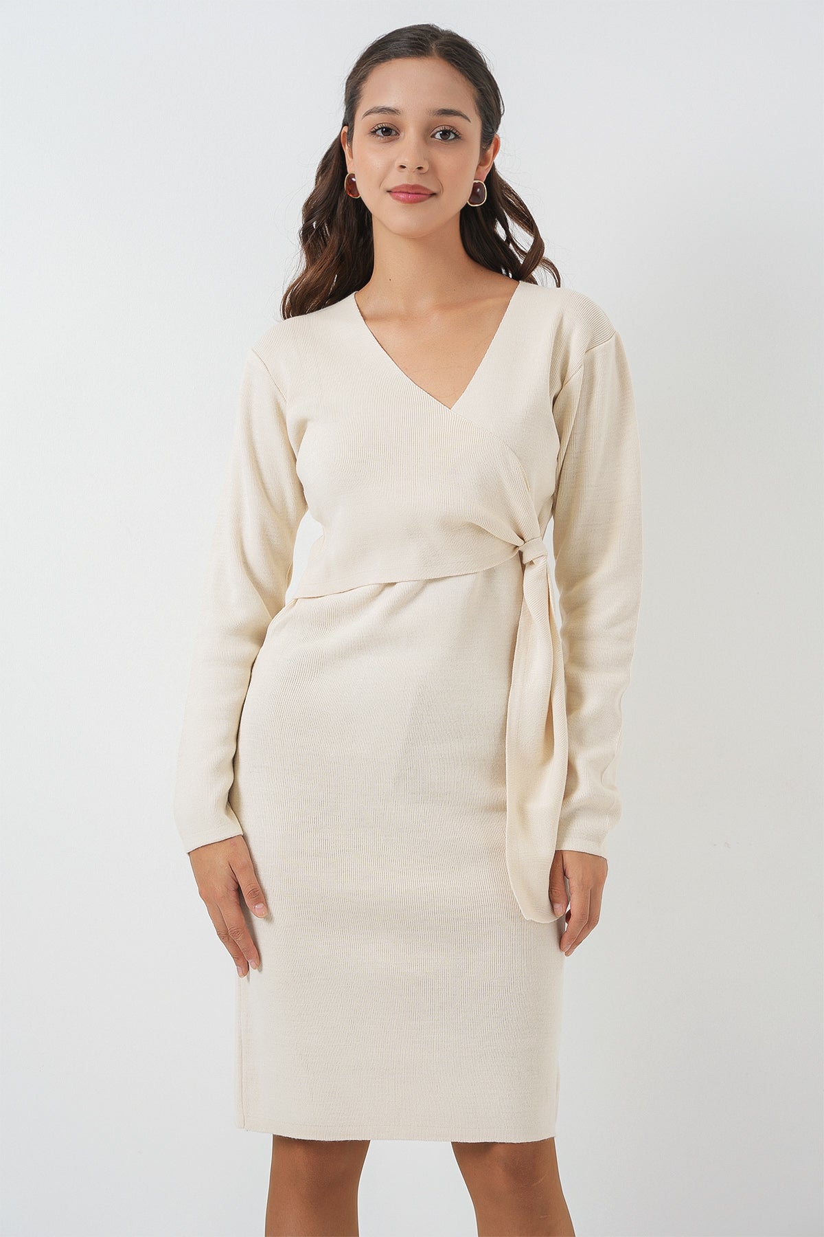 Kadın Kruvaze Yaka Triko Elbise 15928 - Ekru