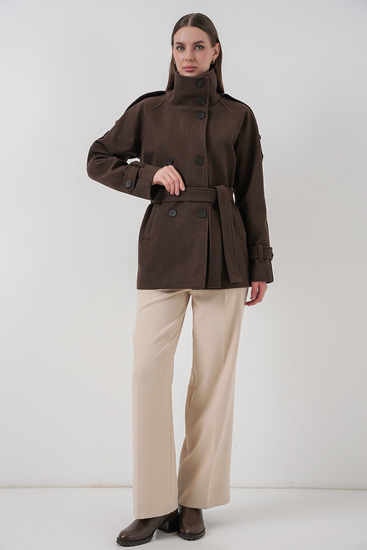 Kadın Kuşaklı Kaşe Kaban 9162 - A.Kahve