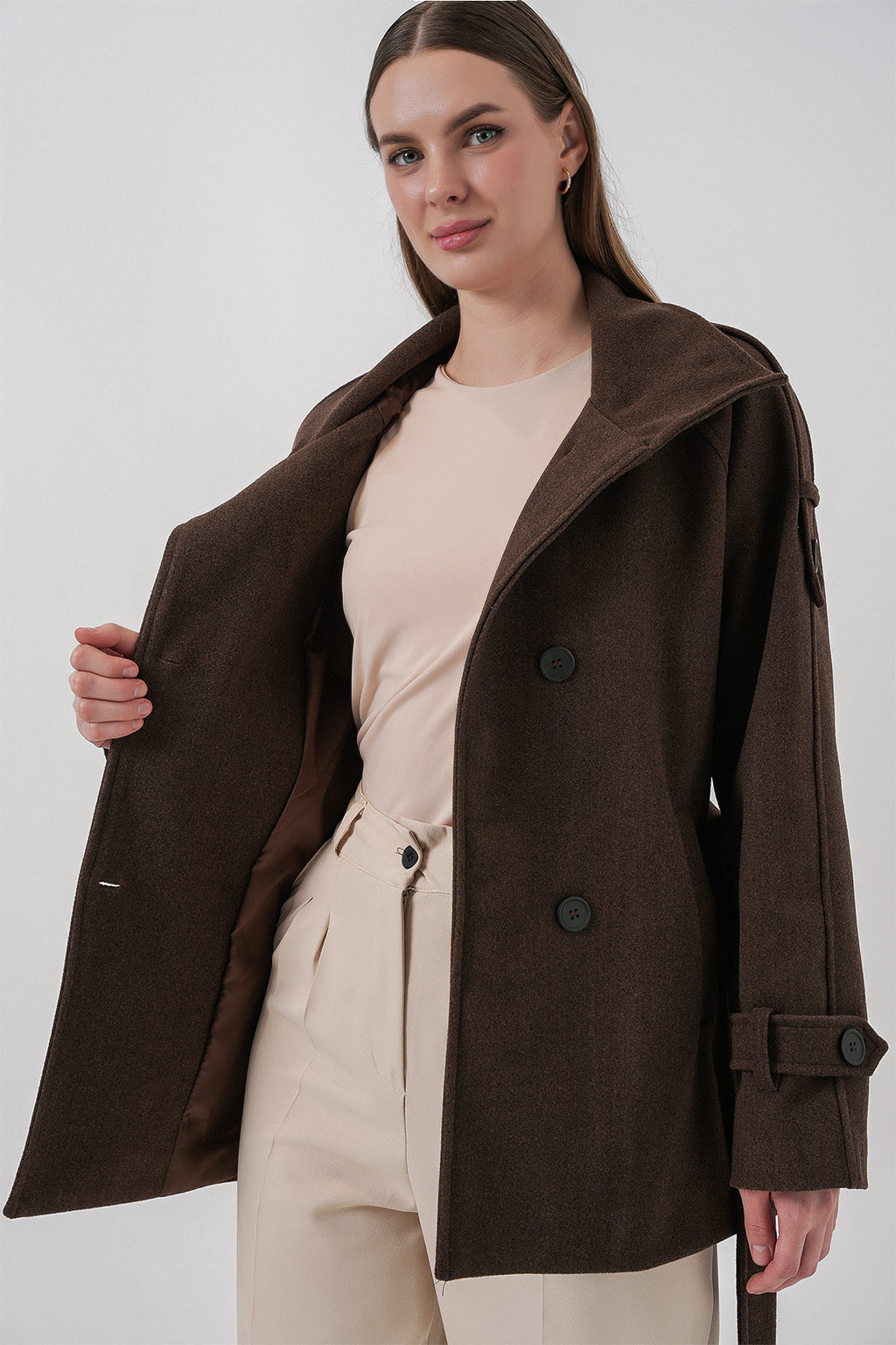 Kadın Kuşaklı Kaşe Kaban 9162 - A.Kahve