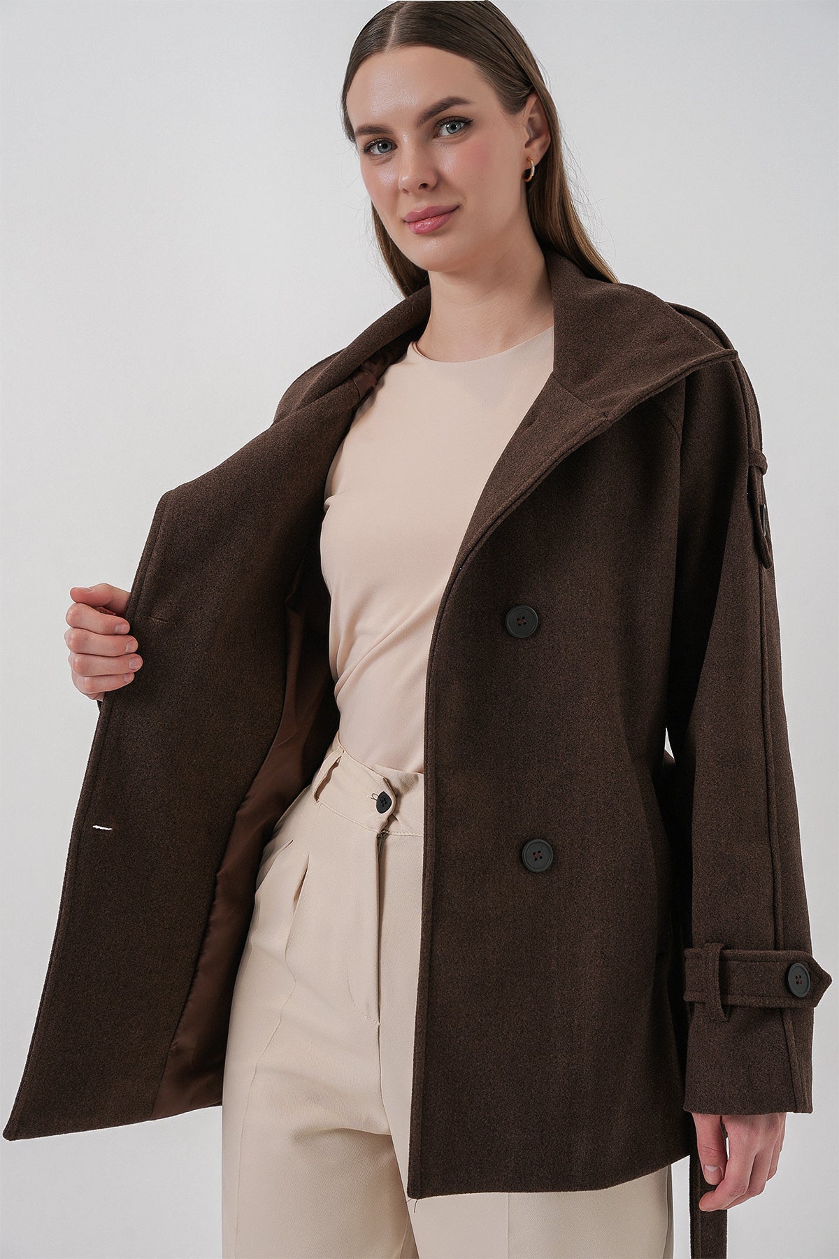 Kadın Kuşaklı Kaşe Kaban 9162 - A.Kahve