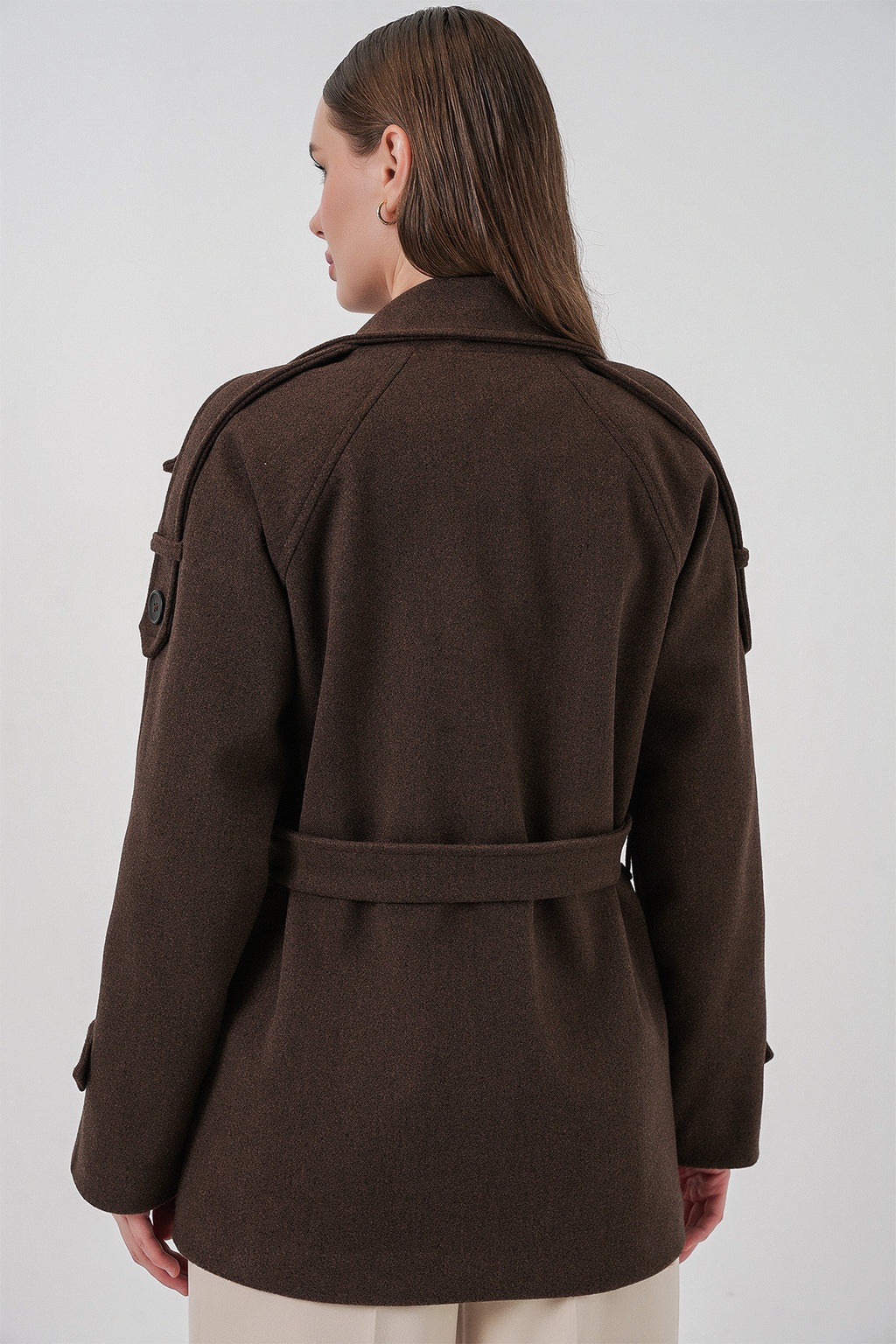 Kadın Kuşaklı Kaşe Kaban 9162 - A.Kahve