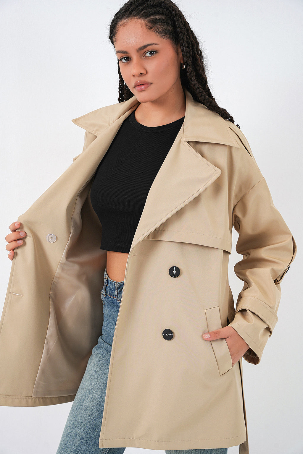 Kadın Kuşaklı Kısa Trençkot 5974 - Bej