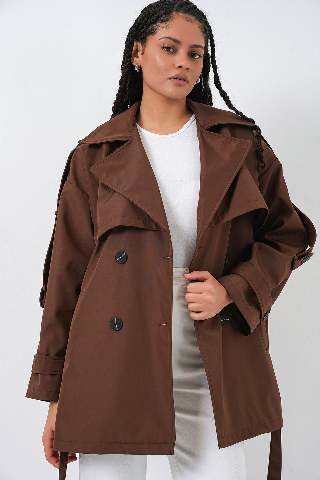 Kadın Kuşaklı Kısa Trençkot 5974 - Kahverengi