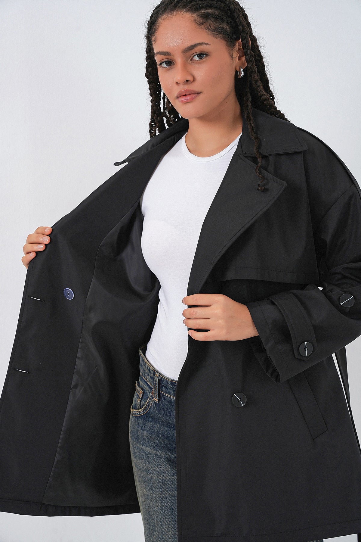 Kadın Kuşaklı Kısa Trençkot 5974 - Siyah