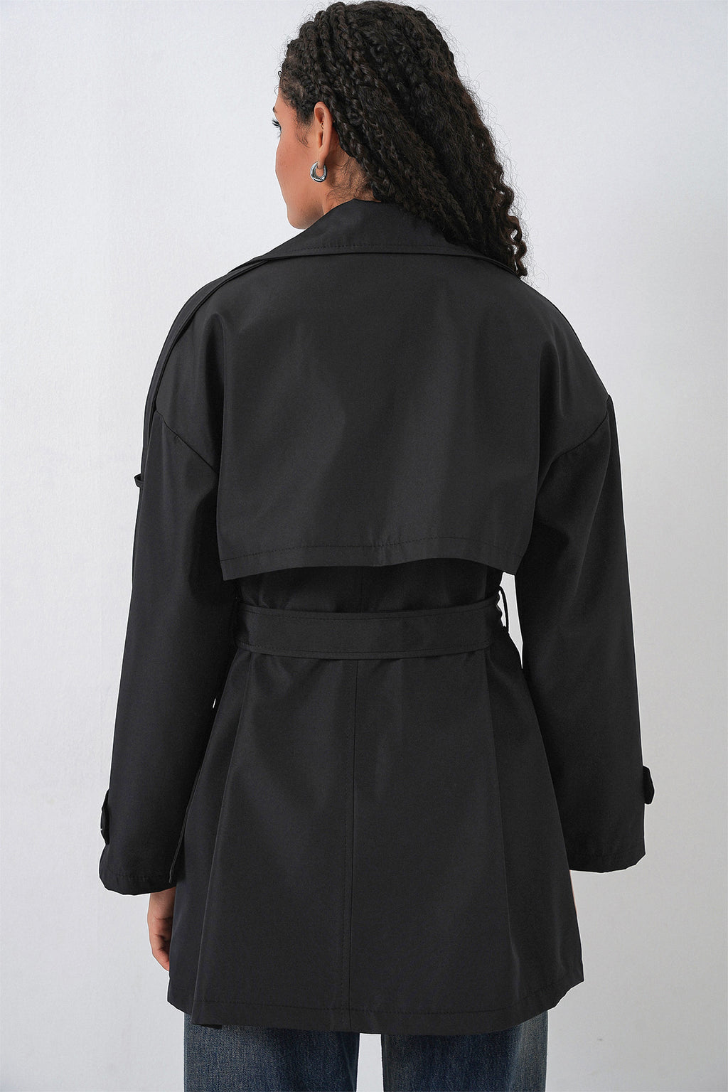 Kadın Kuşaklı Kısa Trençkot 5974 - Siyah