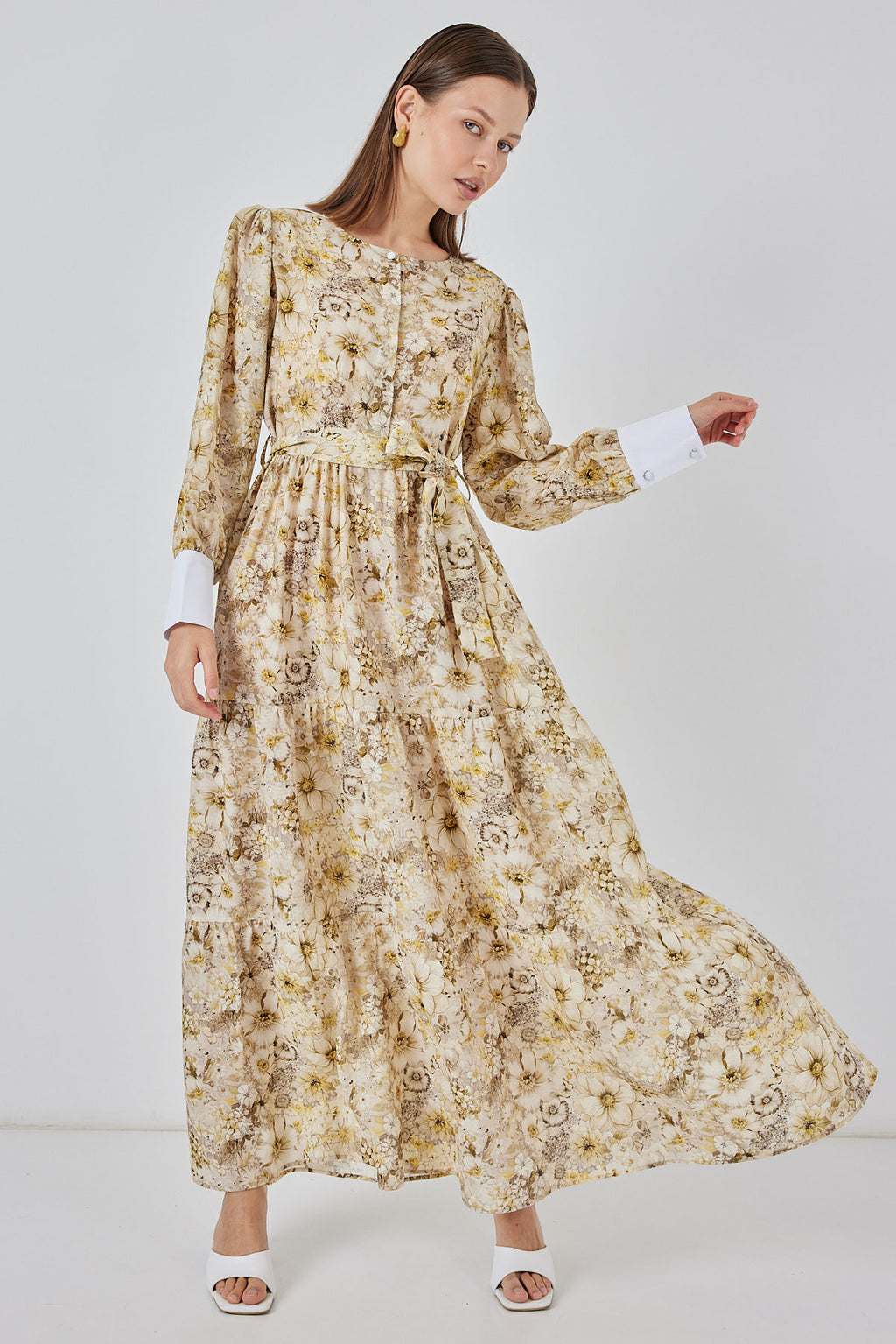 Kadın Kuşaklı Uzun Elbise 2584 - B.Sarı