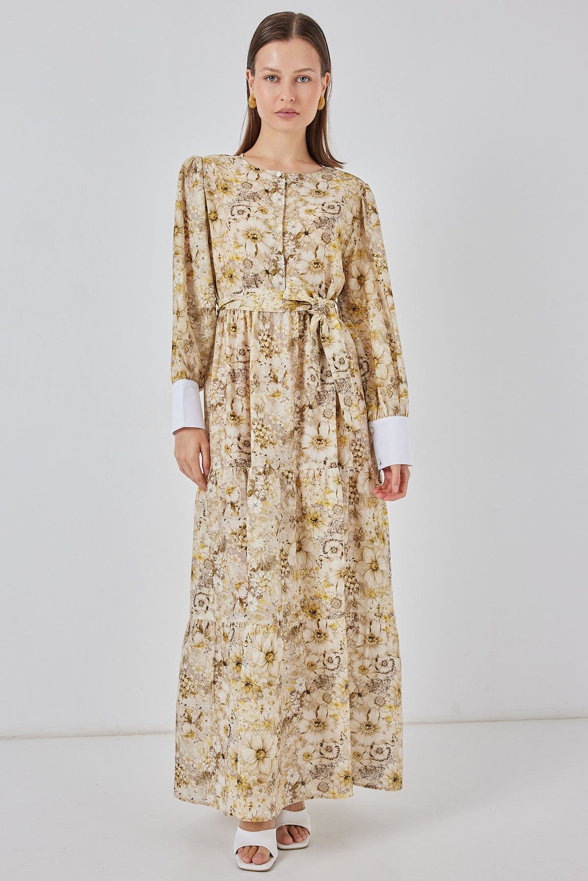 Kadın Kuşaklı Uzun Elbise 2584 - B.Sarı