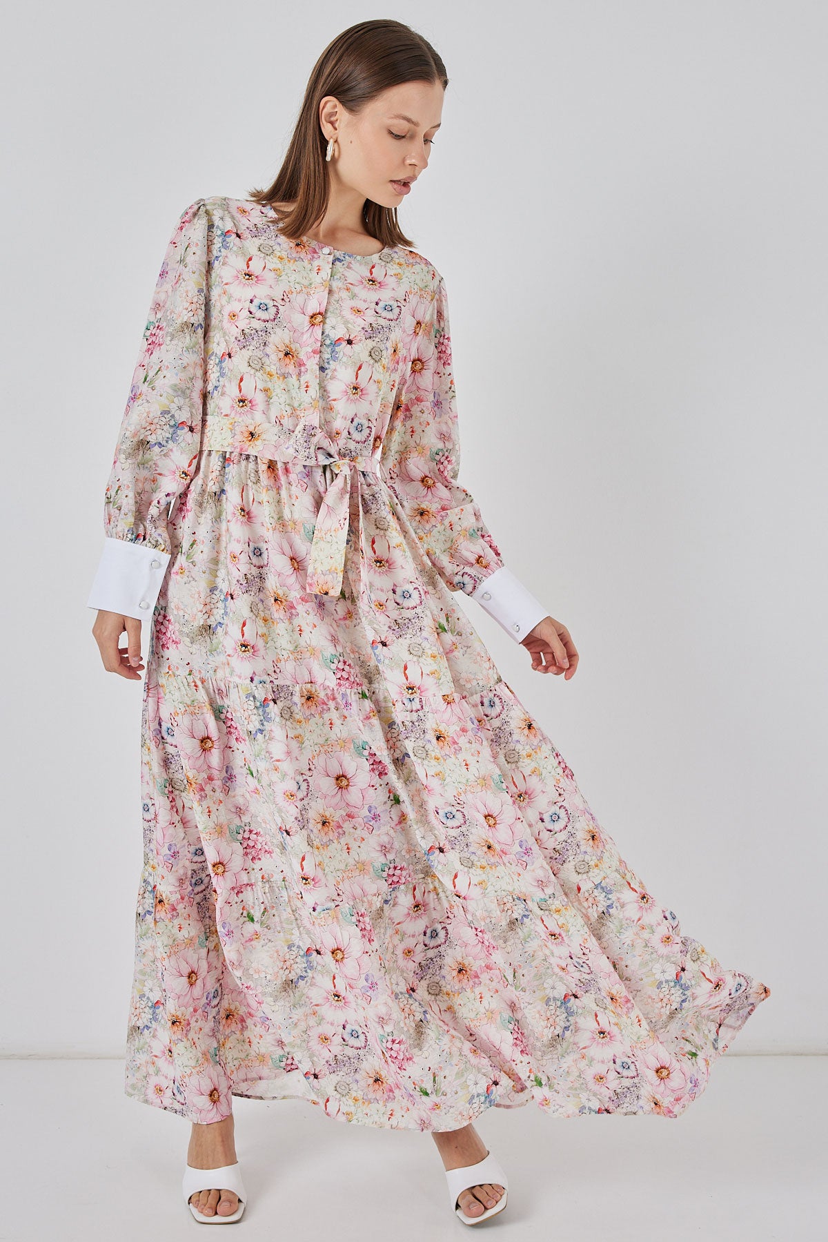 Kadın Kuşaklı Uzun Elbise 2584 - Pembe