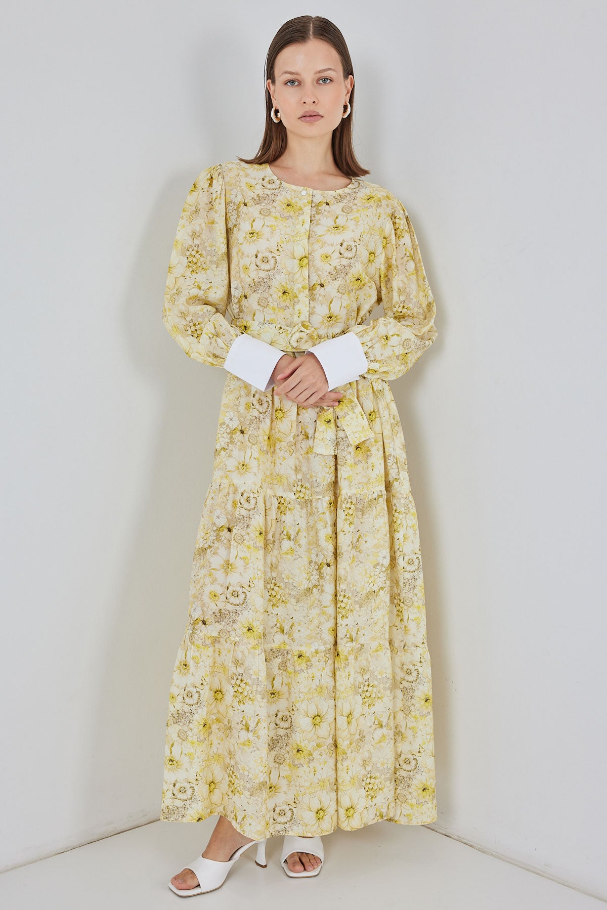 Kadın Kuşaklı Uzun Elbise 2584 - Sarı