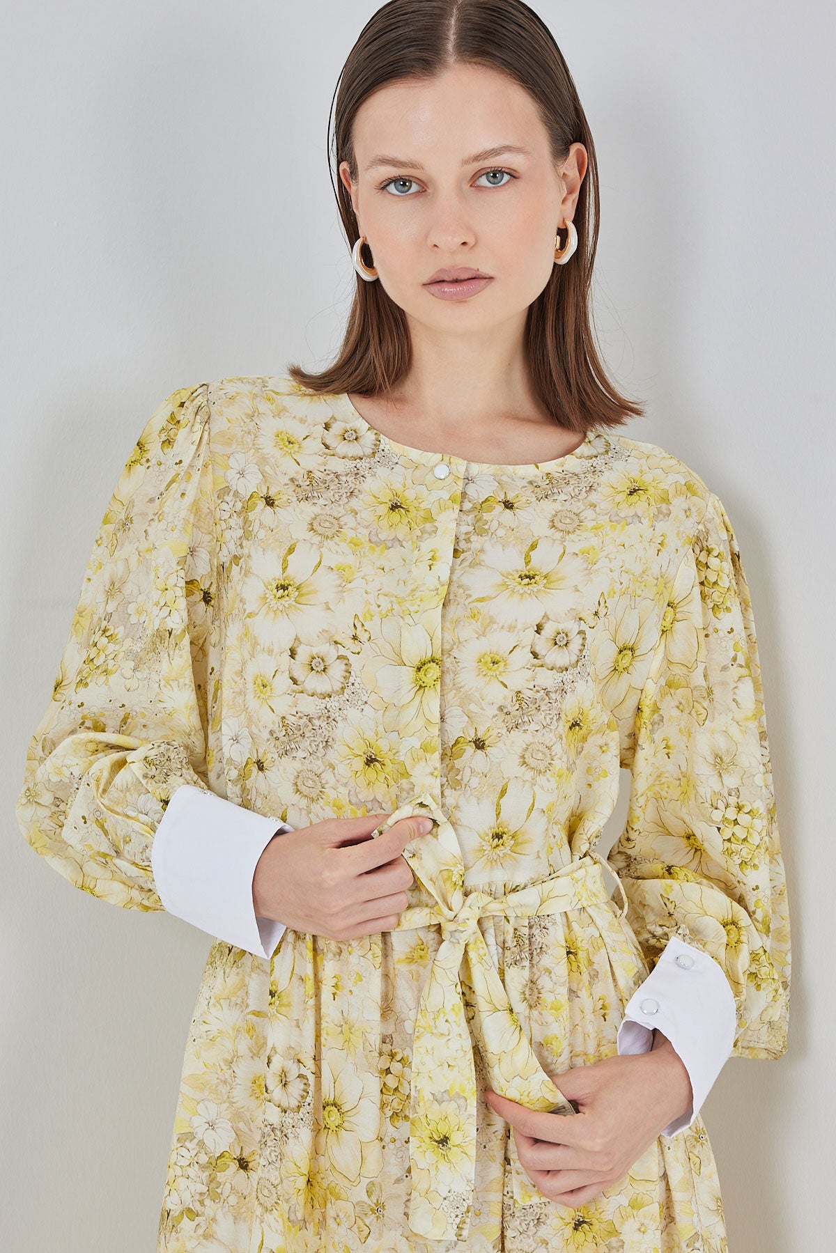 Kadın Kuşaklı Uzun Elbise 2584 - Sarı