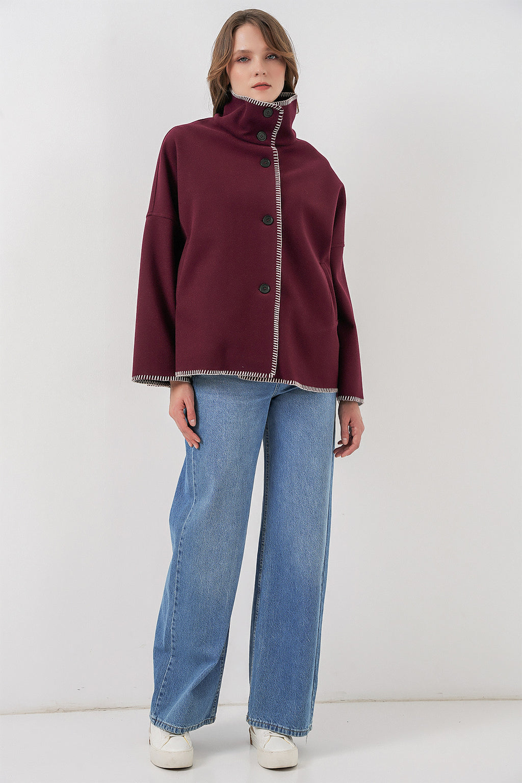 Kadın Nakışlı Kaşe Ceket 9167 - Bordo