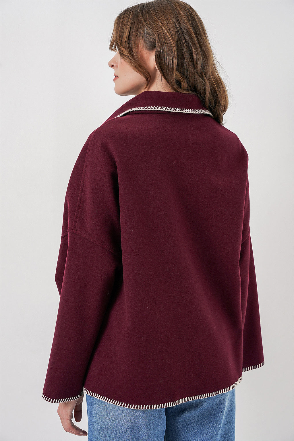 Kadın Nakışlı Kaşe Ceket 9167 - Bordo