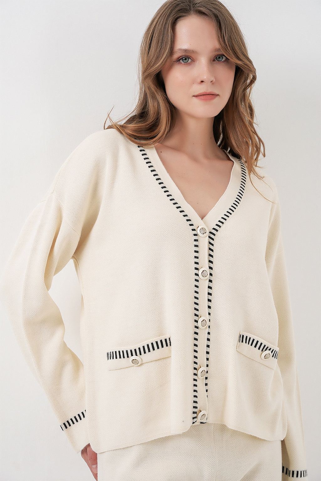 Kadın Nakışlı Triko Hırka Pantolon İkili Takım 15963 - Ekru