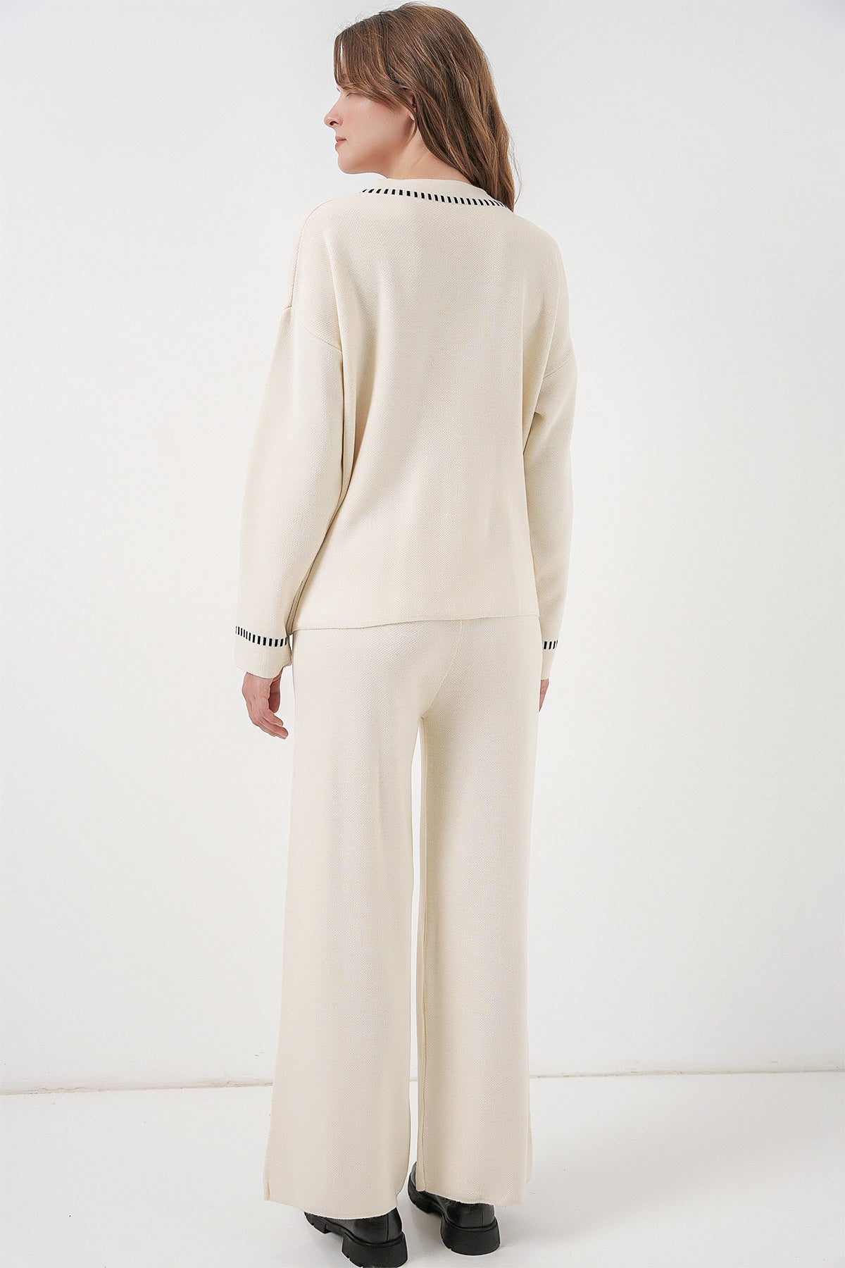 Kadın Nakışlı Triko Hırka Pantolon İkili Takım 15963 - Ekru