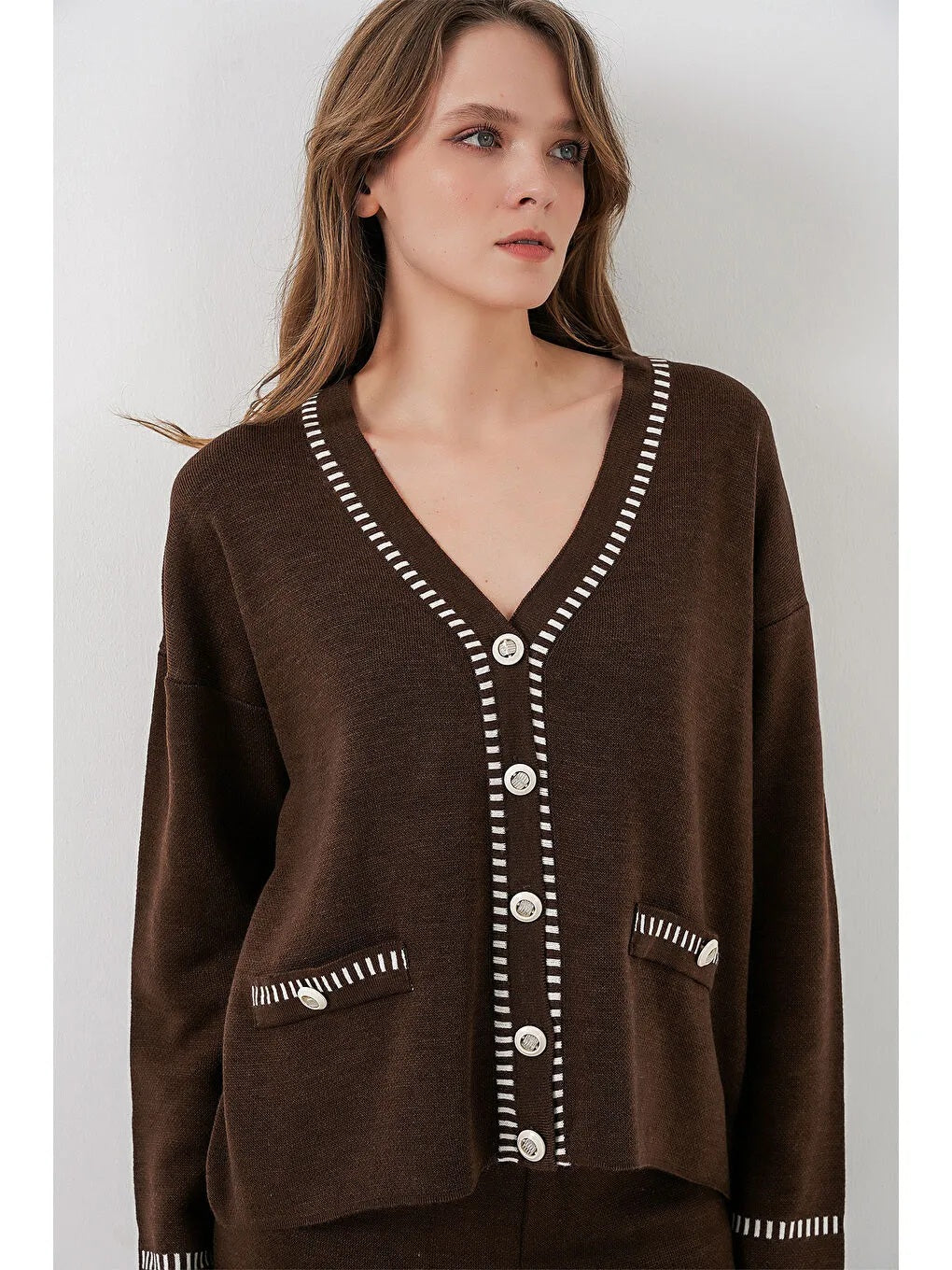 Kadın Nakışlı Triko Hırka Pantolon İkili Takım 15963 - Kahverengi