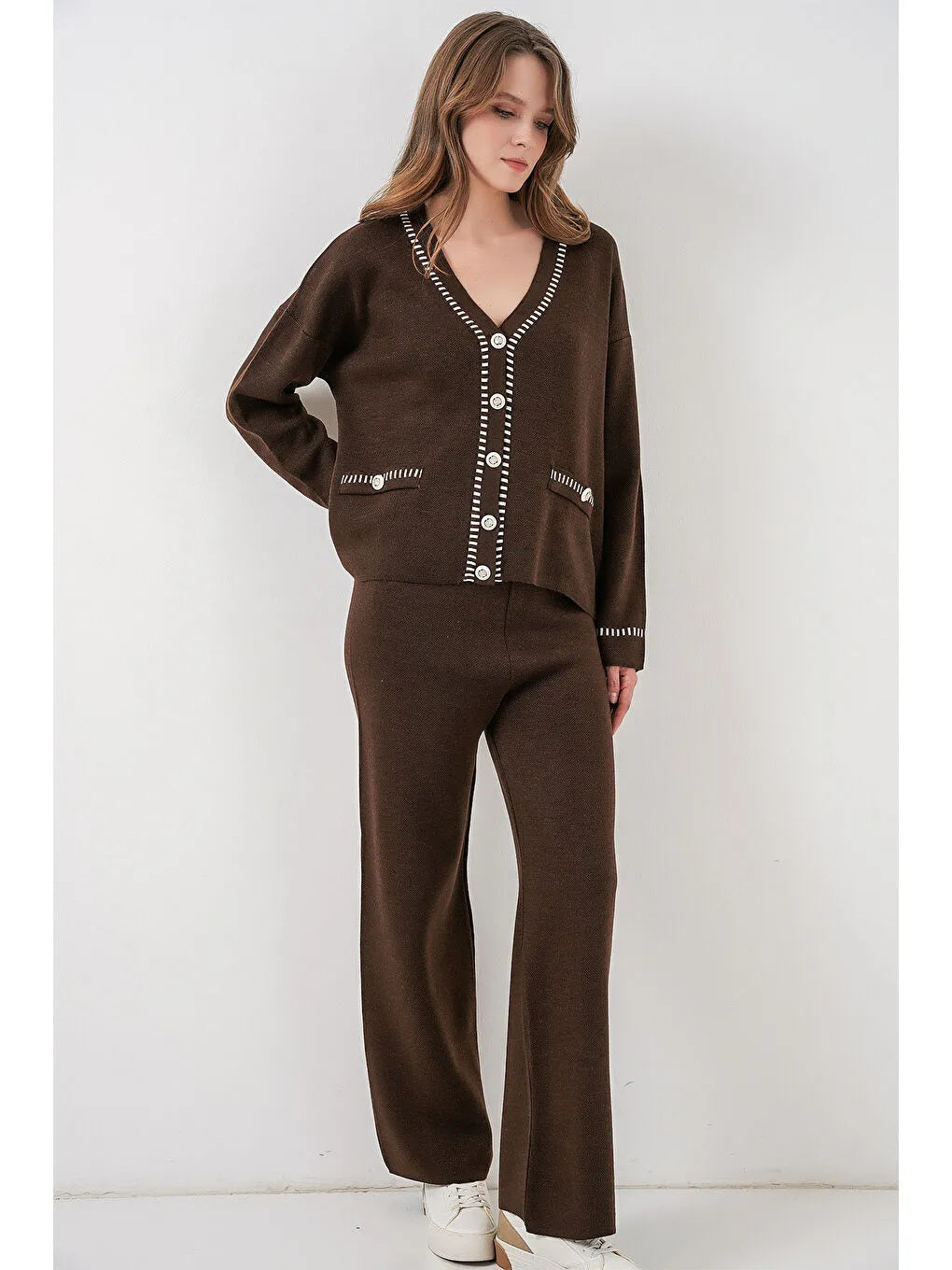 Kadın Nakışlı Triko Hırka Pantolon İkili Takım 15963 - Kahverengi