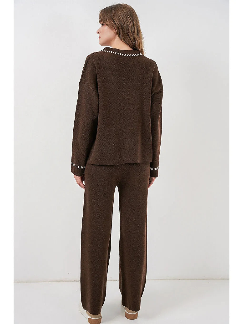 Kadın Nakışlı Triko Hırka Pantolon İkili Takım 15963 - Kahverengi