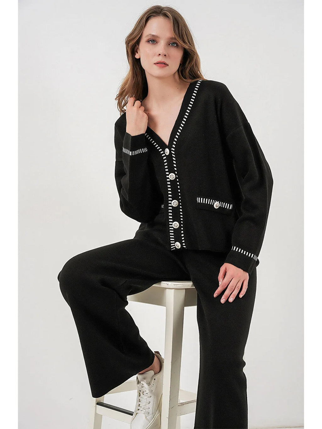 Kadın Nakışlı Triko Hırka Pantolon İkili Takım 15963 - Siyah